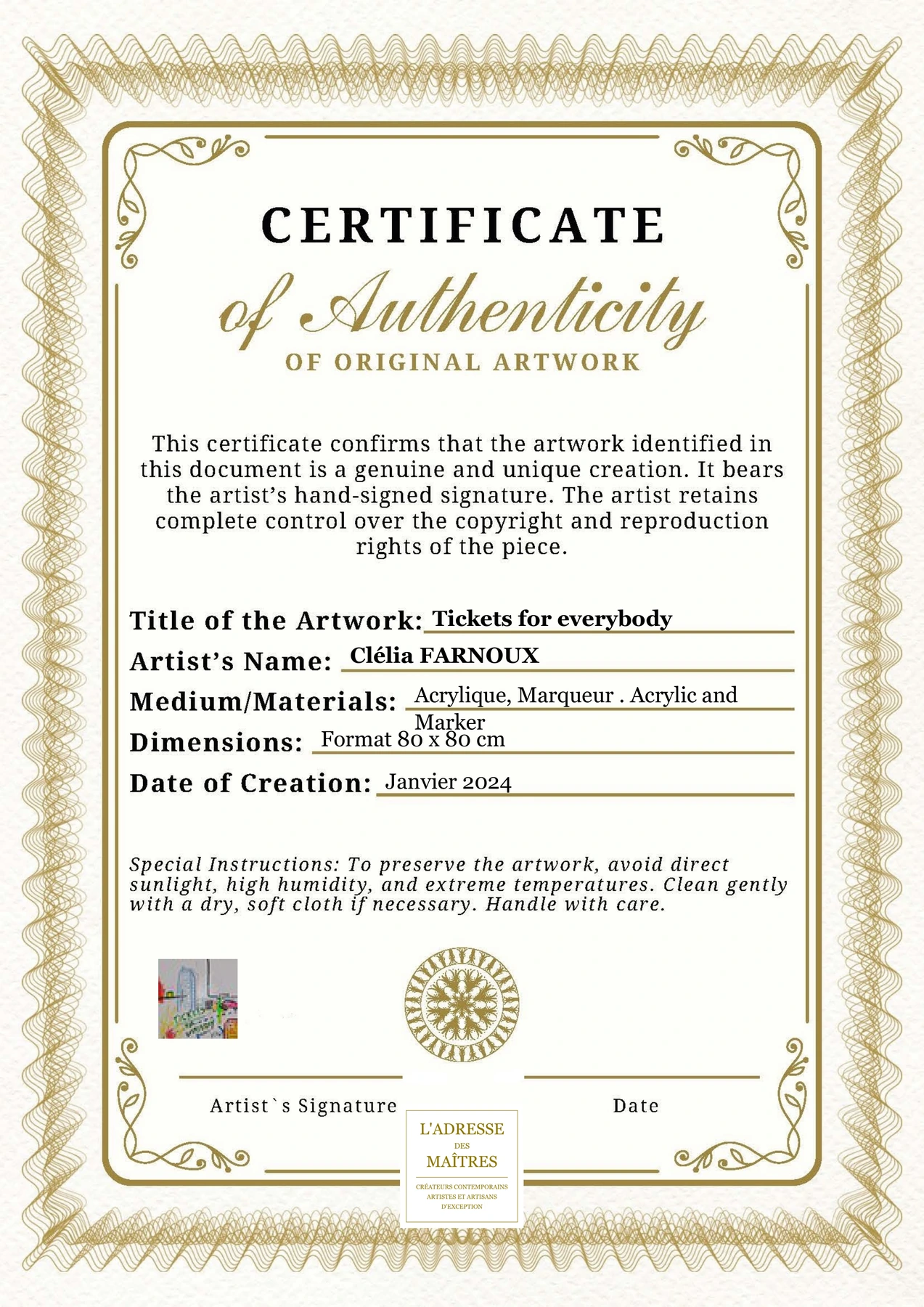Certificat d'authenticité - Tickets for everybody - Clélia FARNOUX