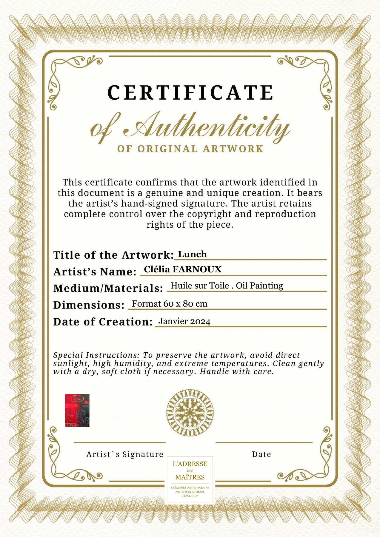 Certificat d'authenticité - Lunch - Clélia FARNOUX