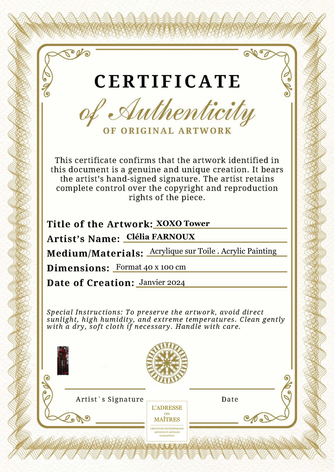 Certificat d'authenticité - XOXO Tower - Clélia FARNOUX