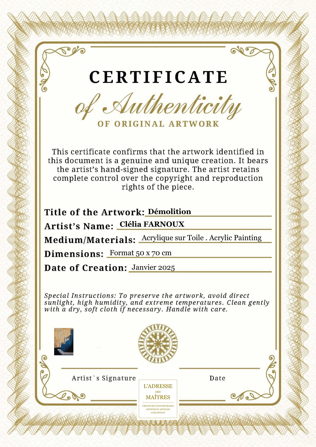 Certificat d'authenticité - Démolition - Clélia FARNOUX