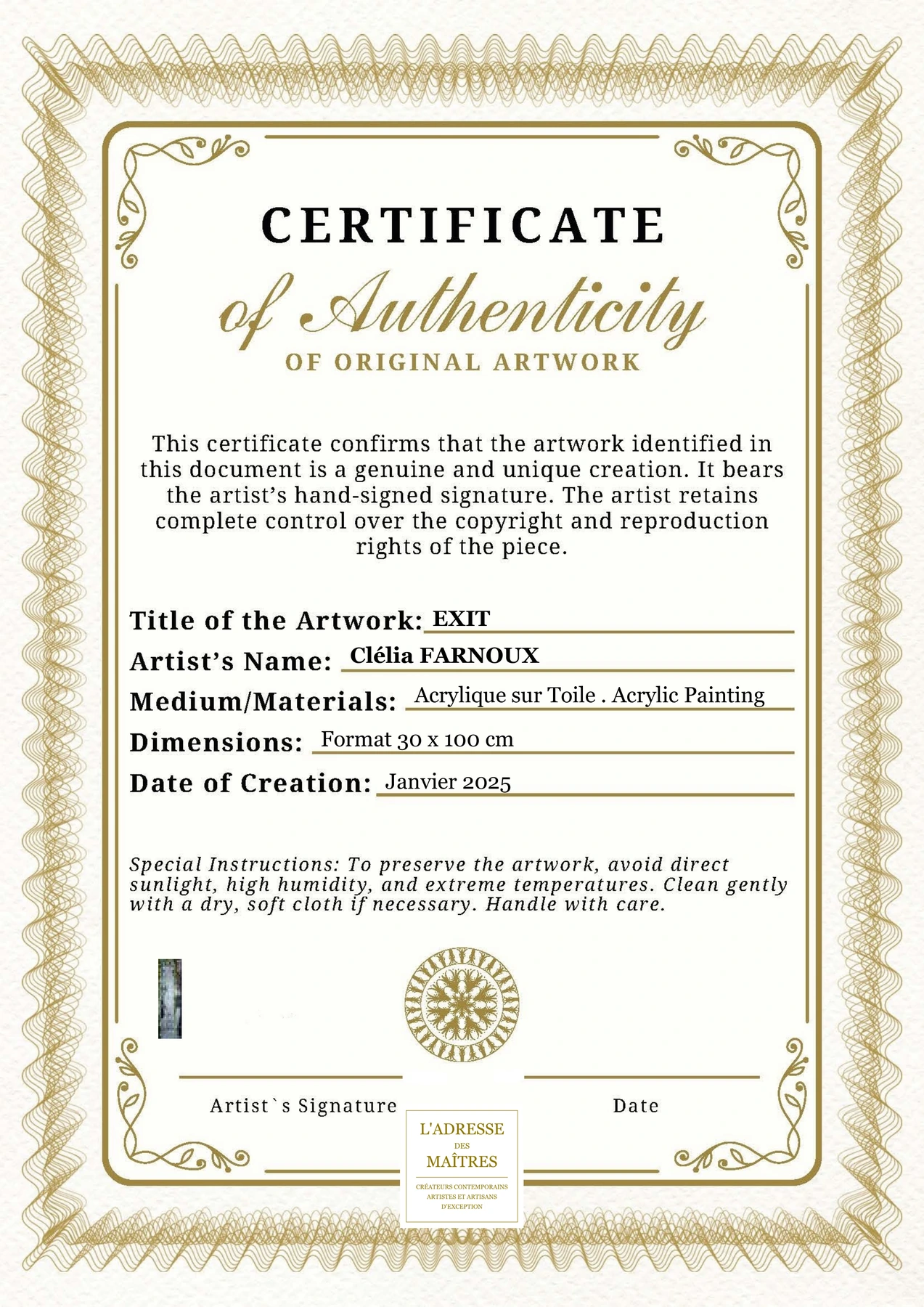 Certificat d'authenticité - EXIT - Clélia FARNOUX