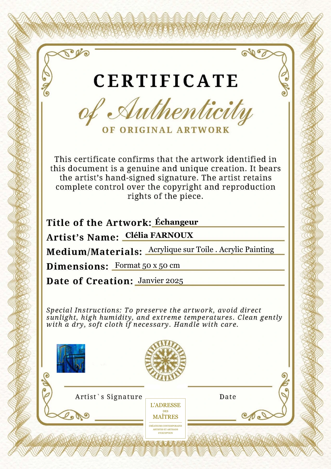 Certificat d'authenticité - Échangeur - Clélia FARNOUX