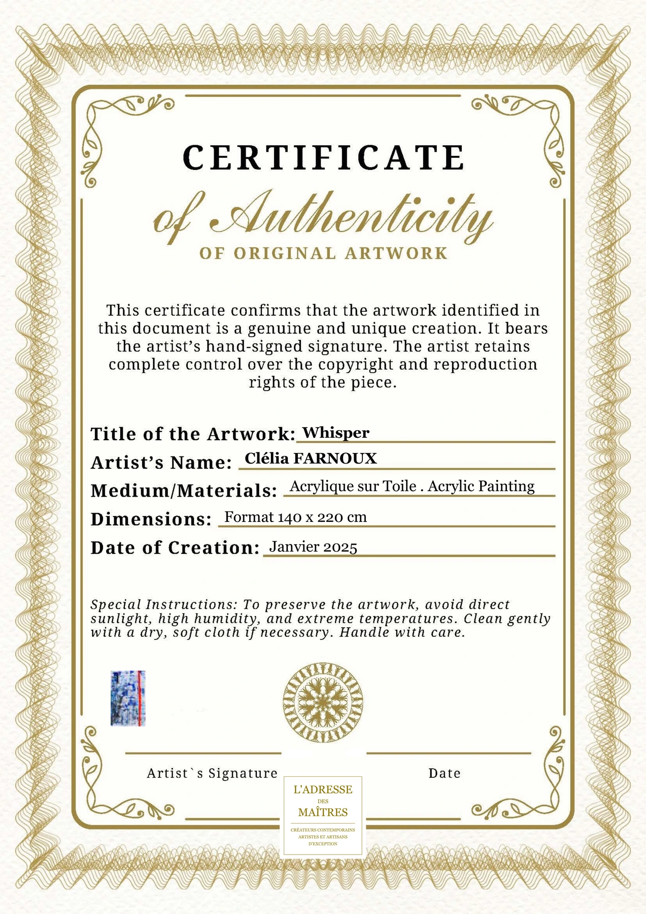 Certificat d'authenticité - Whisper - Clélia FARNOUX