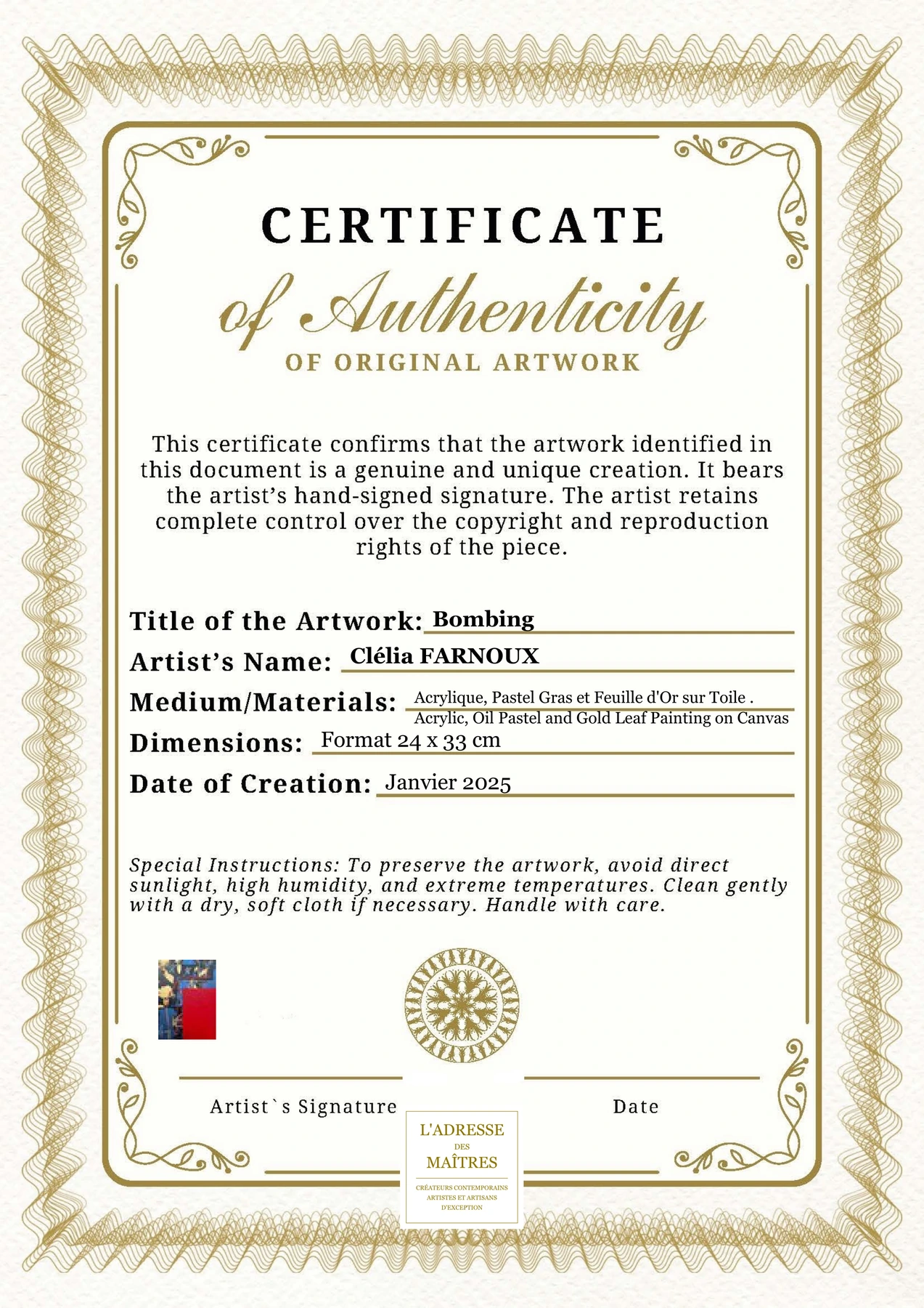 Certificat d'authenticité - Bombing - Clélia FARNOUX