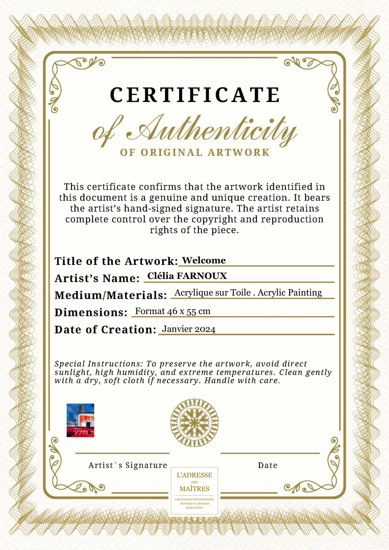 Certificat d'authenticité - Welcome - Clélia FARNOUX