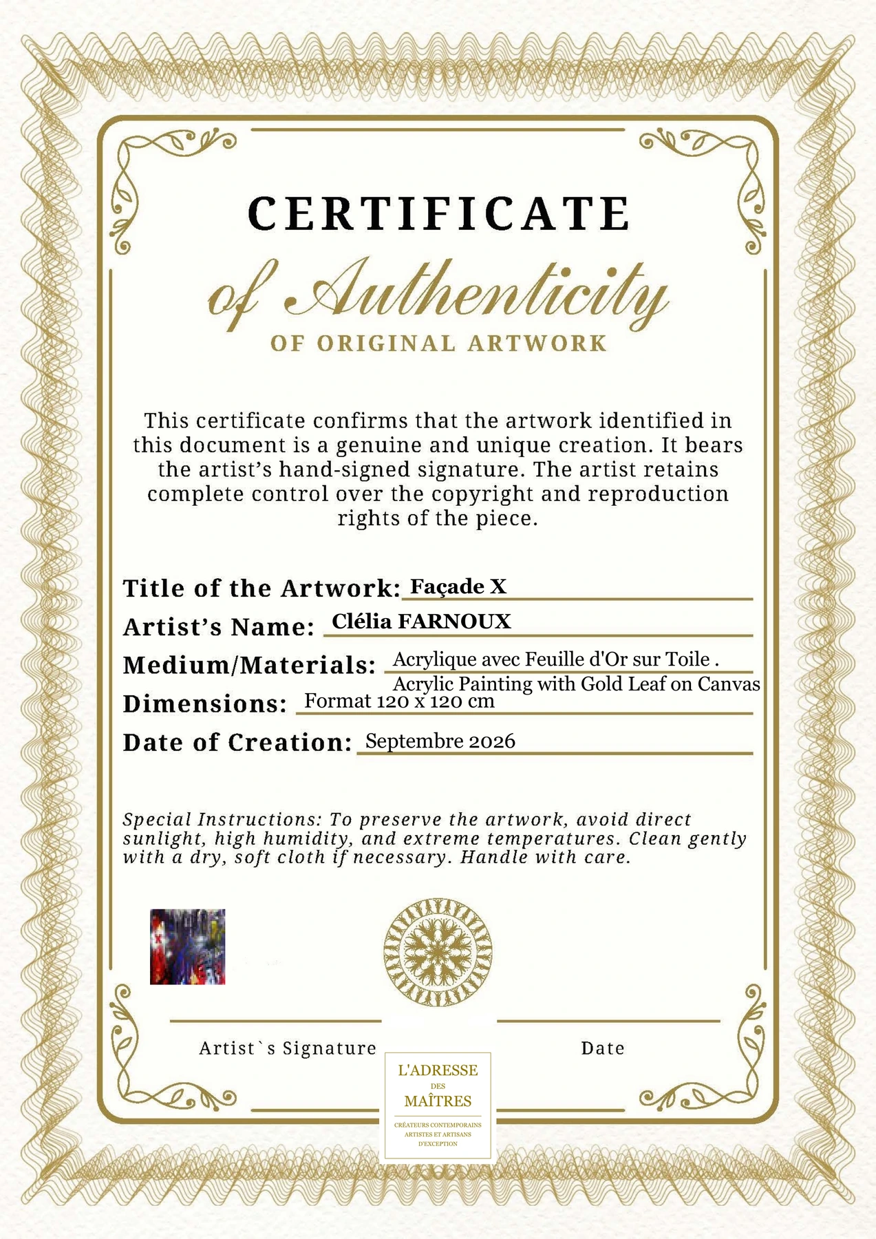 Certificat d'authenticité - Façade X - Clélia FARNOUX