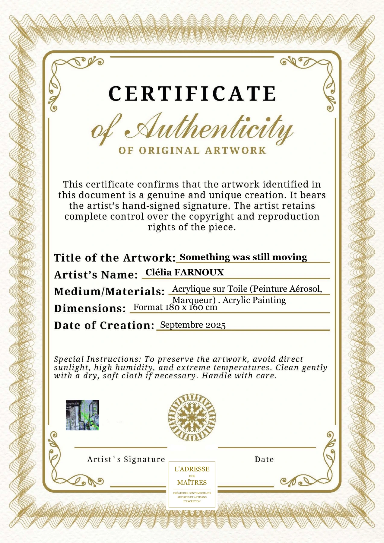 Certificat d'authenticité - Something was still moving - Clélia FARNOUX