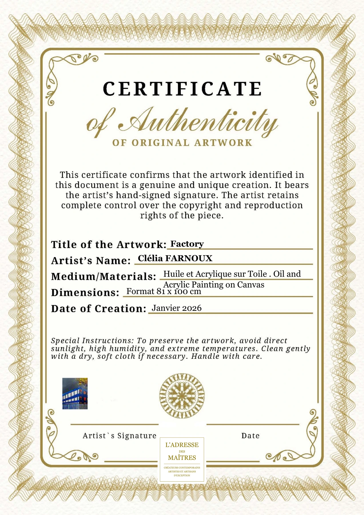 Certificat d'authenticité - Factory - Clélia FARNOUX