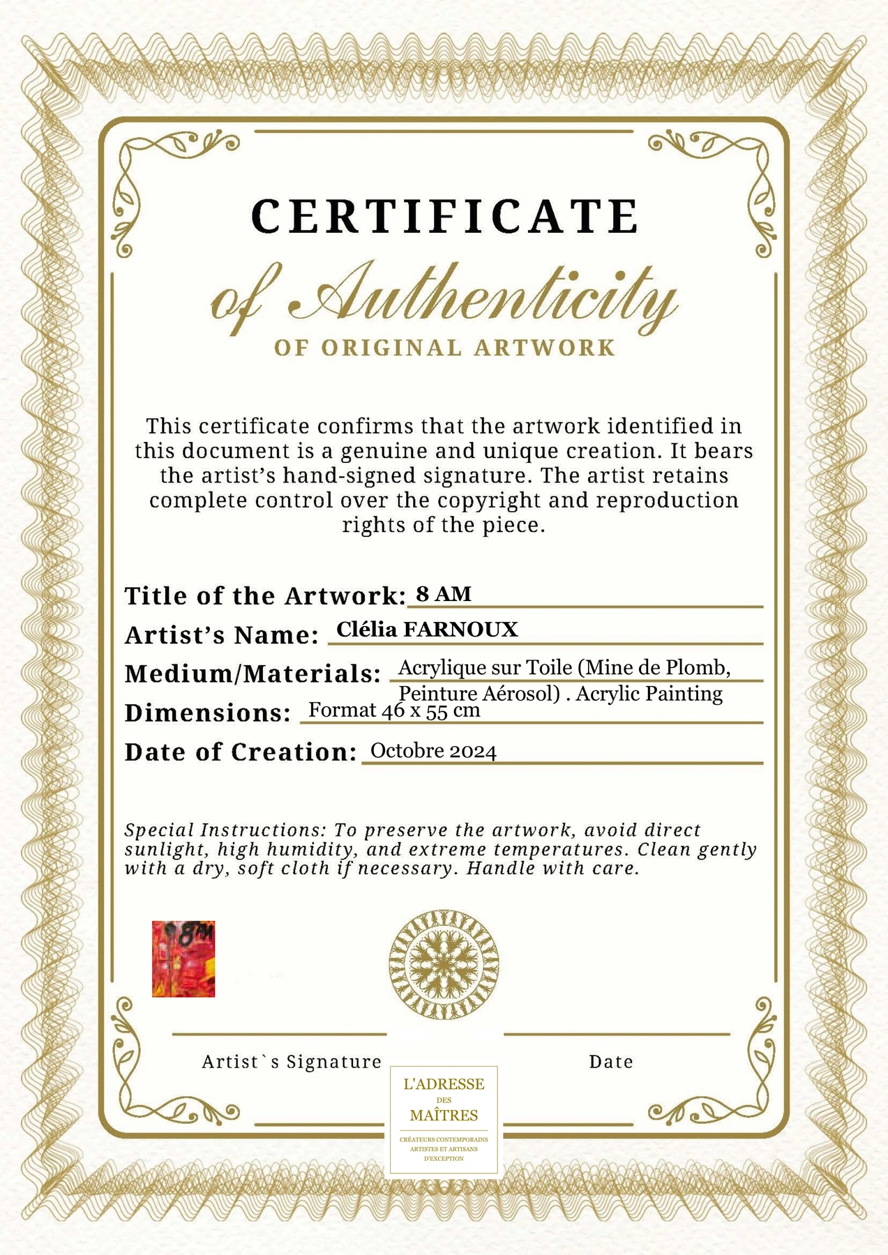 Certificat d'authenticité - 8 AM - Clélia FARNOUX