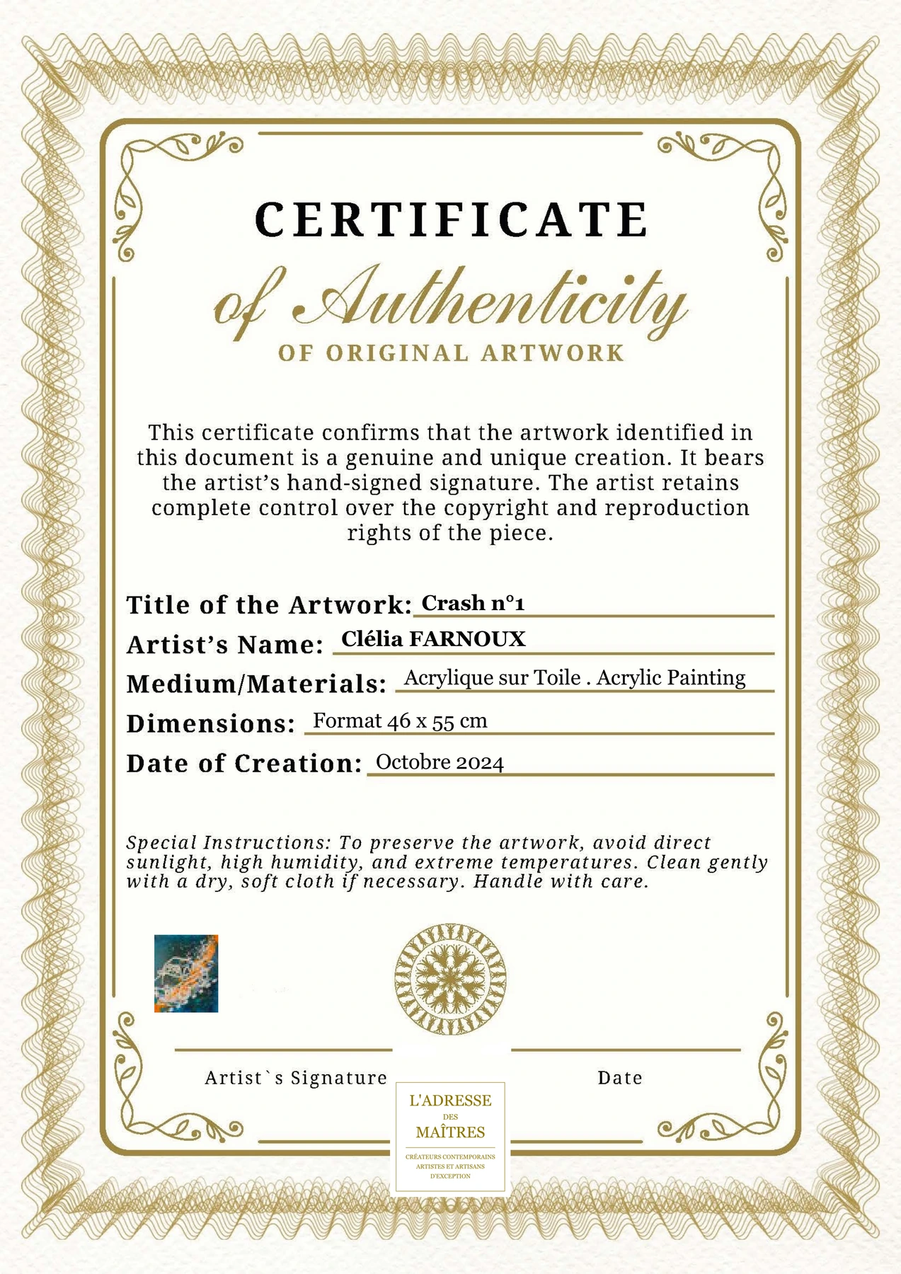 Certificat d'authenticité - Crash n°1 - Clélia FARNOUX