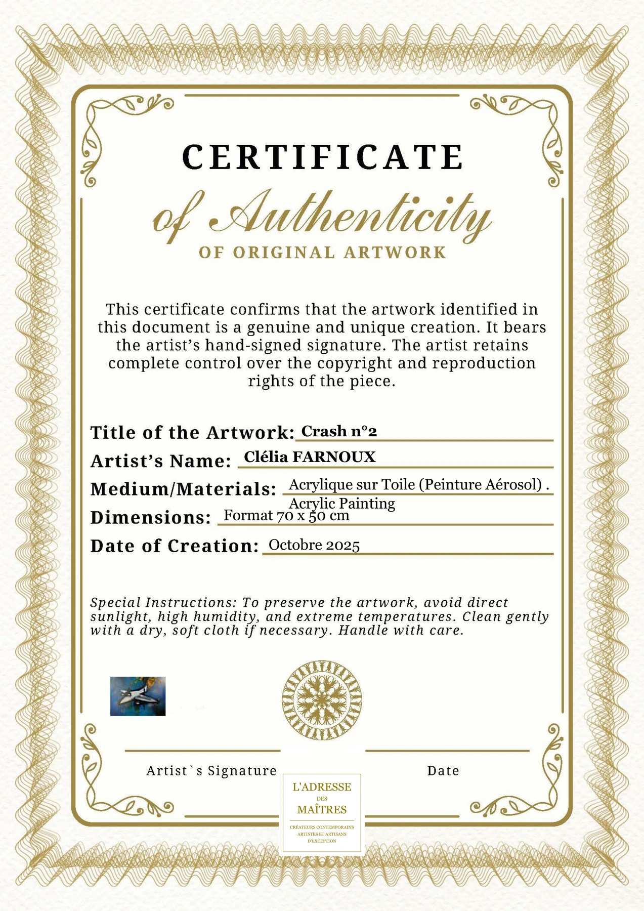 Certificat d'authenticité - Crash n°2 - Clélia FARNOUX