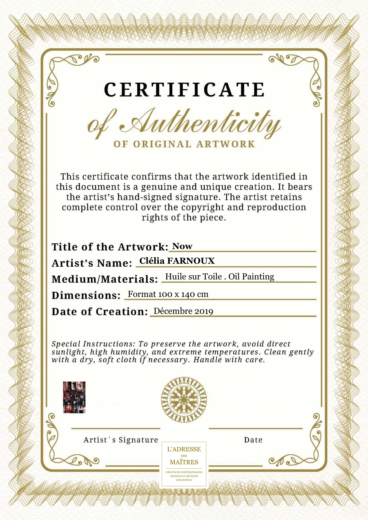 Certificat d'authenticité - Now - Clélia FARNOUX