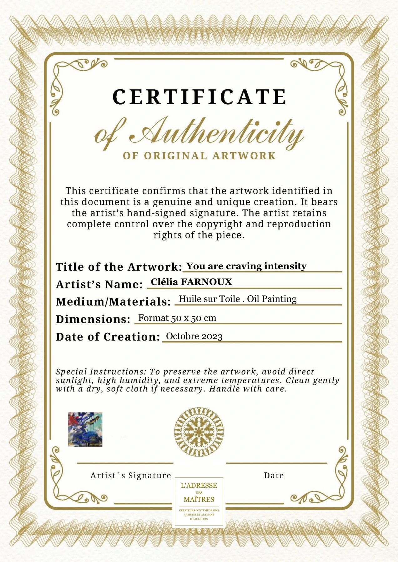Certificat d'authenticité - You are craving intensity - Clélia FARNOUX