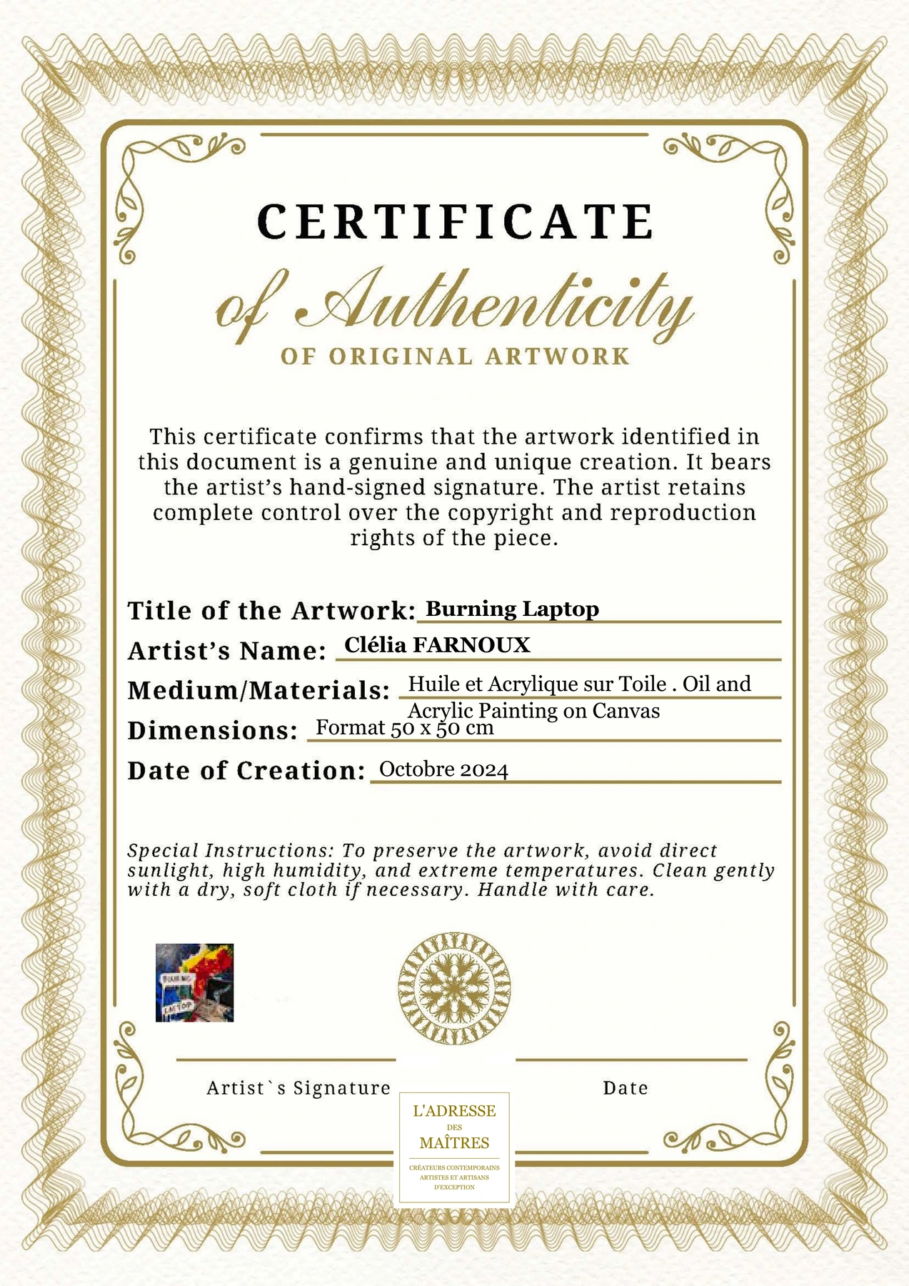 Certificat d'authenticité - Burning Laptop - Clélia FARNOUX
