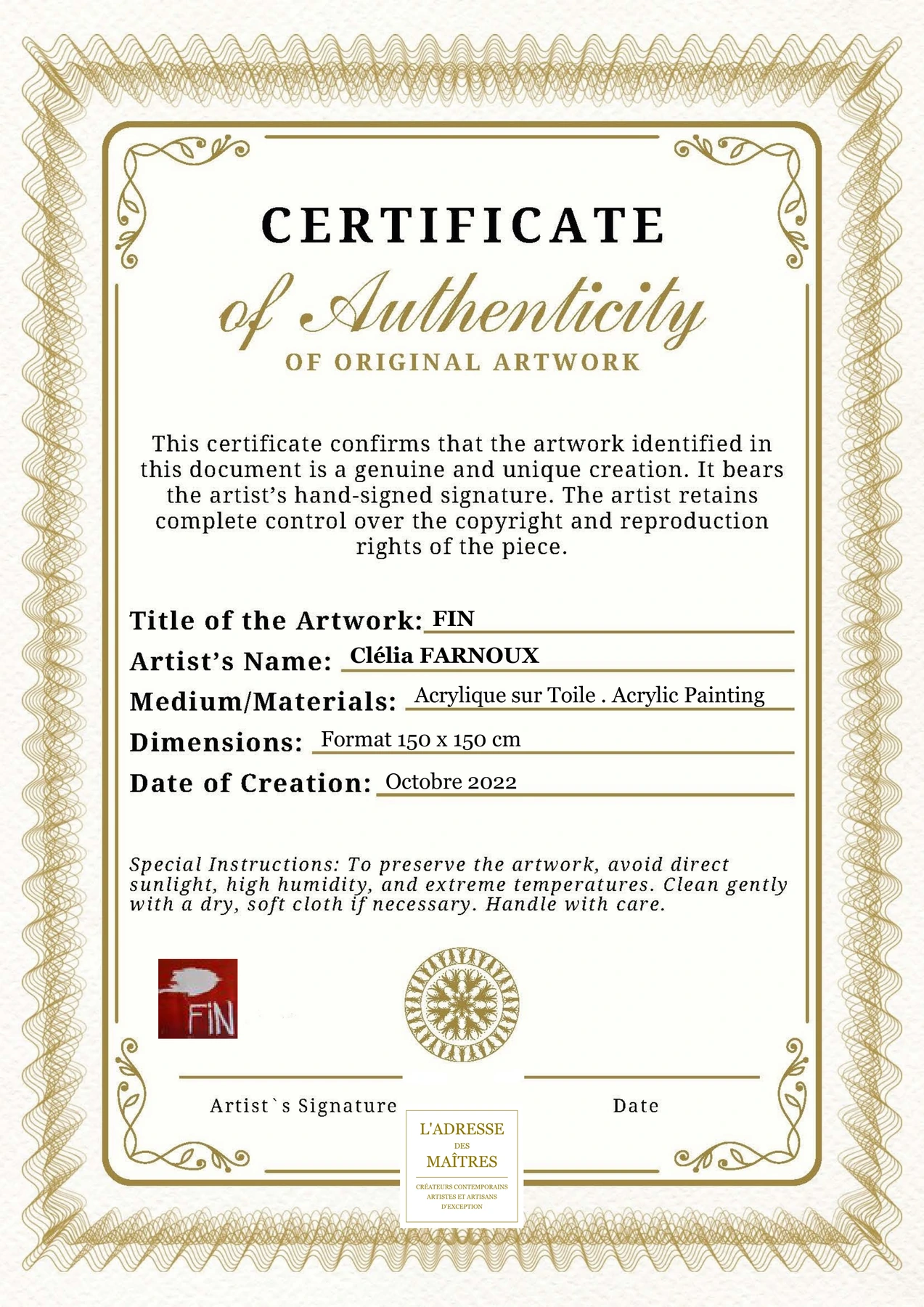 Certificat d'authenticité - FIN - Clélia FARNOUX