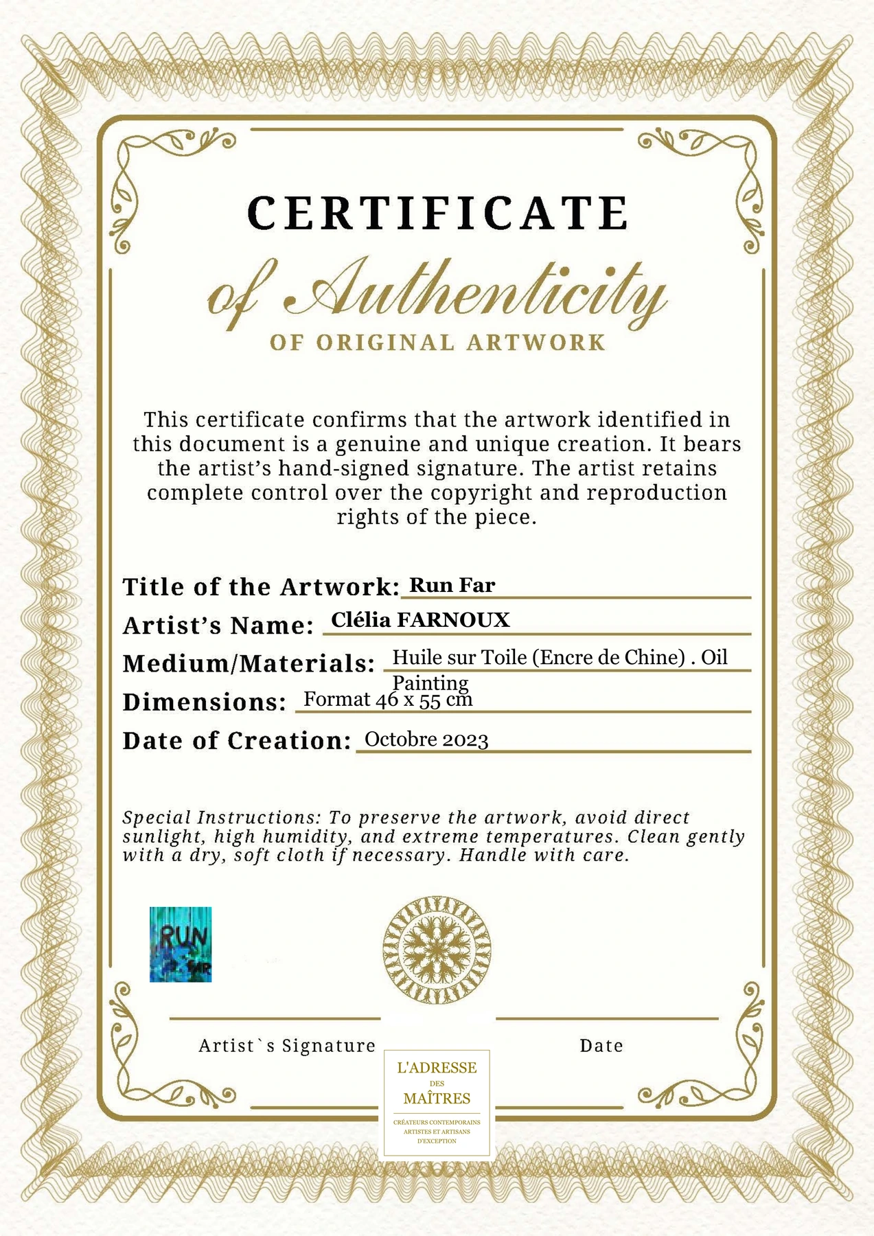 Certificat d'authenticité - Run Far - Clélia FARNOUX