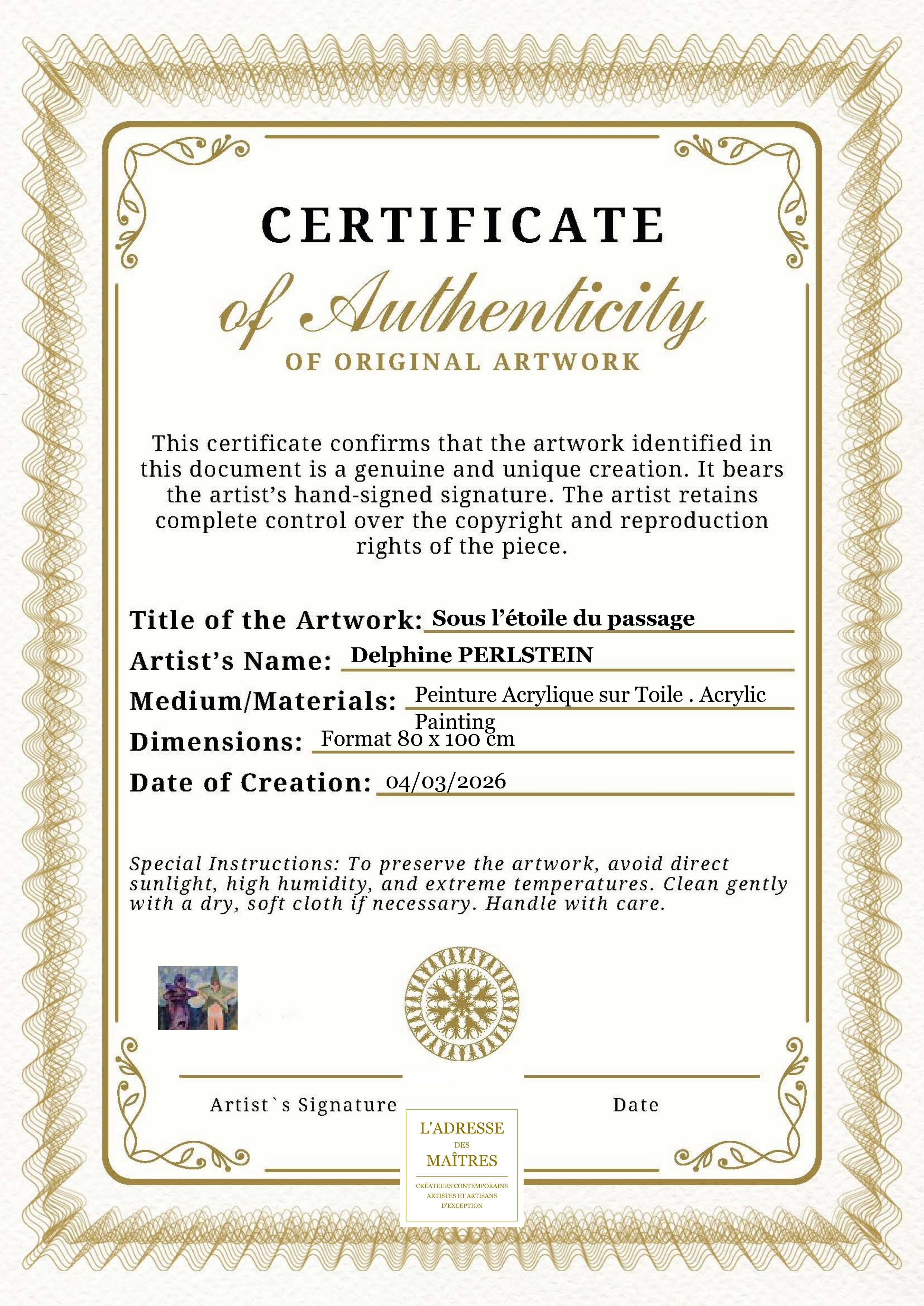 Certificat d'authenticité — Sous l’étoile du passage — Delphine PERLSTEIN