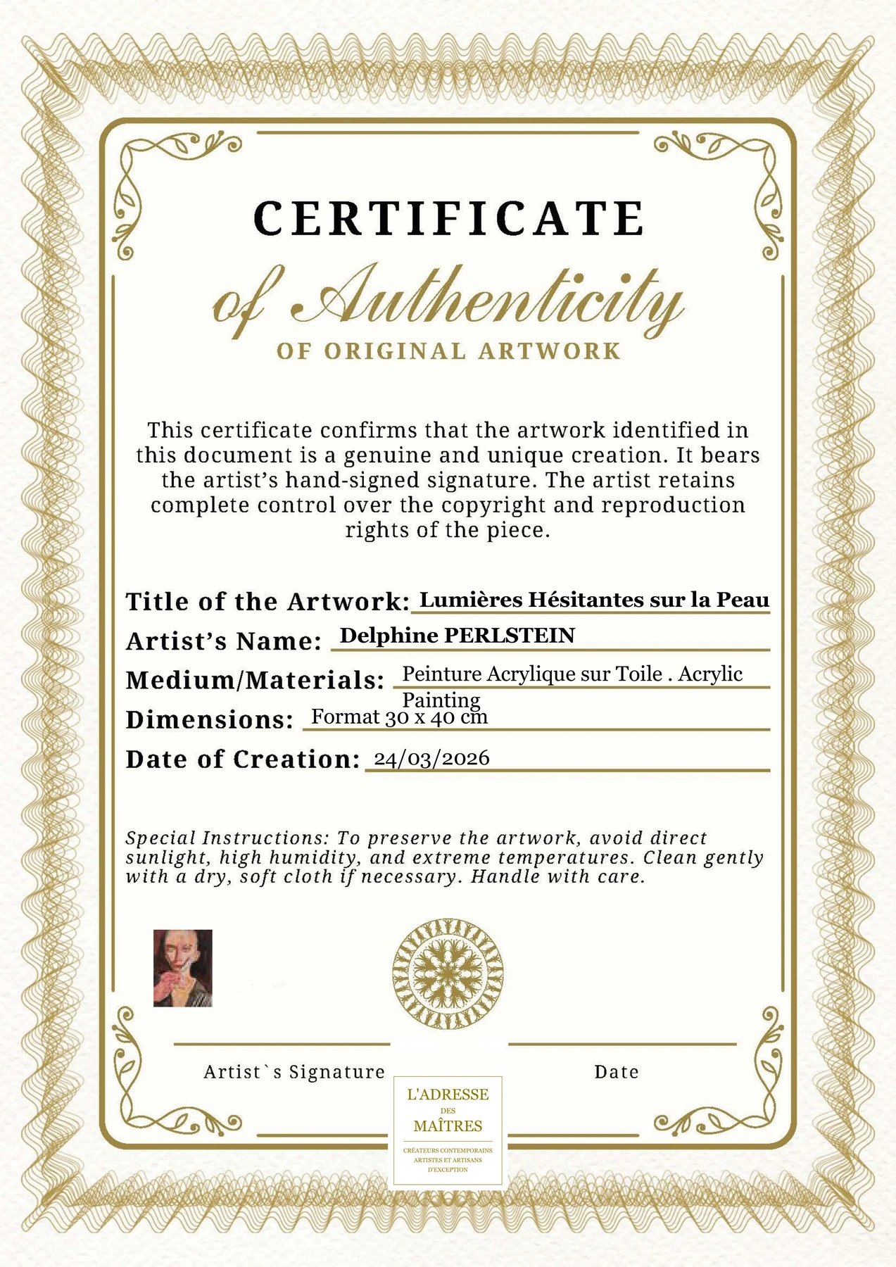 Certificat d'authenticité - Lumières Hésitantes sur la Peau - Delphine PERLSTEIN