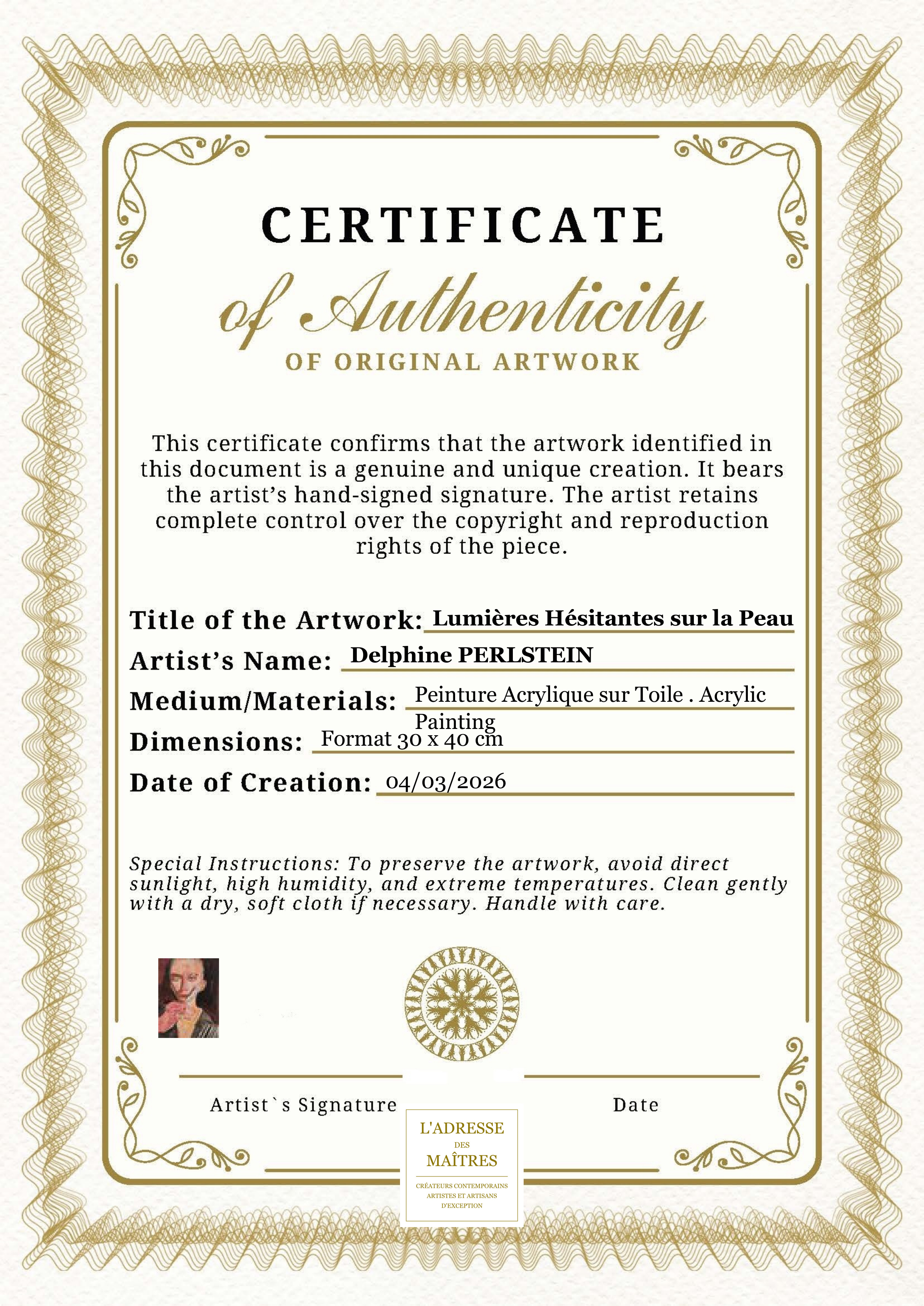 Certificat d'authenticité — Lumières Hésitantes sur la Peau — Delphine PERLSTEIN