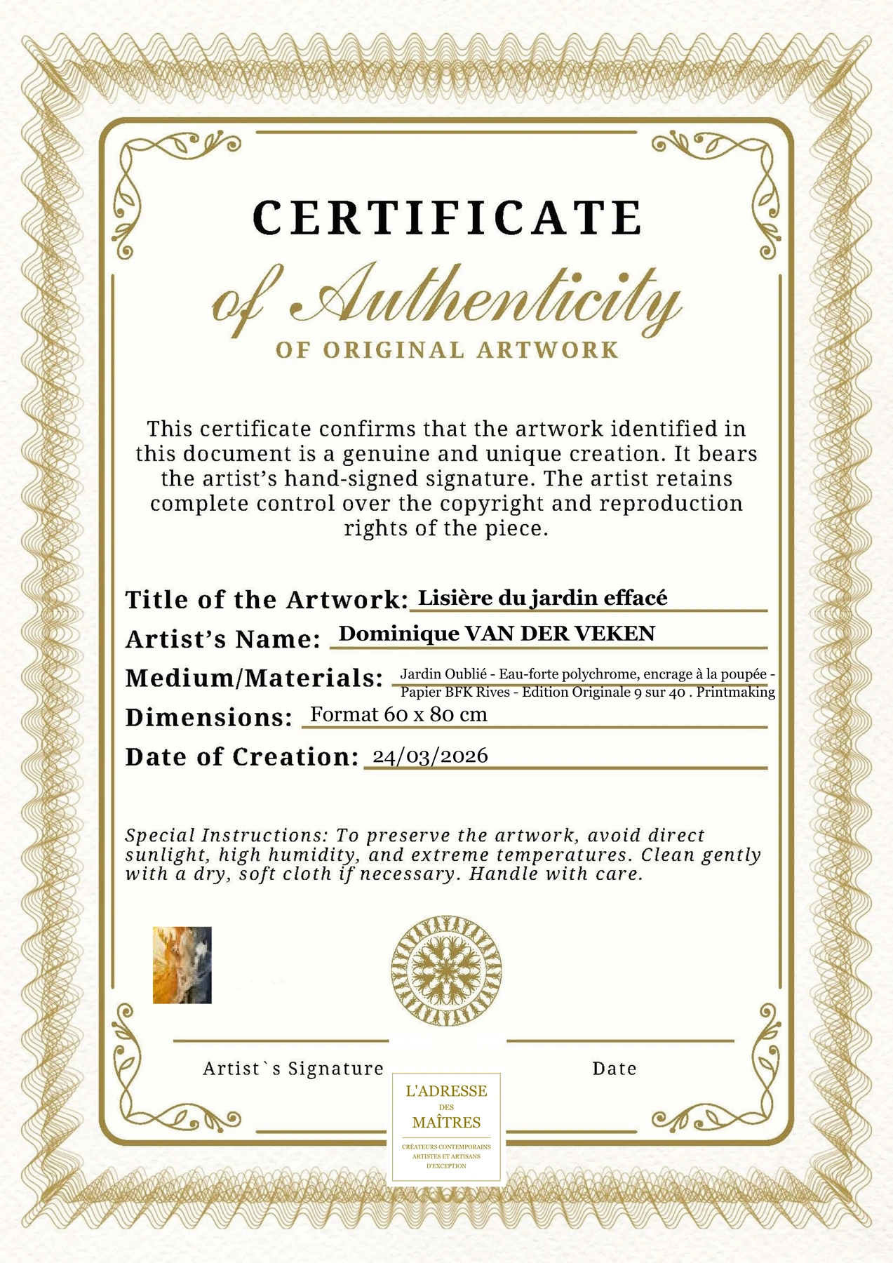 Certificat d'authenticité - Lisière du jardin effacé - Dominique VAN DER VEKEN