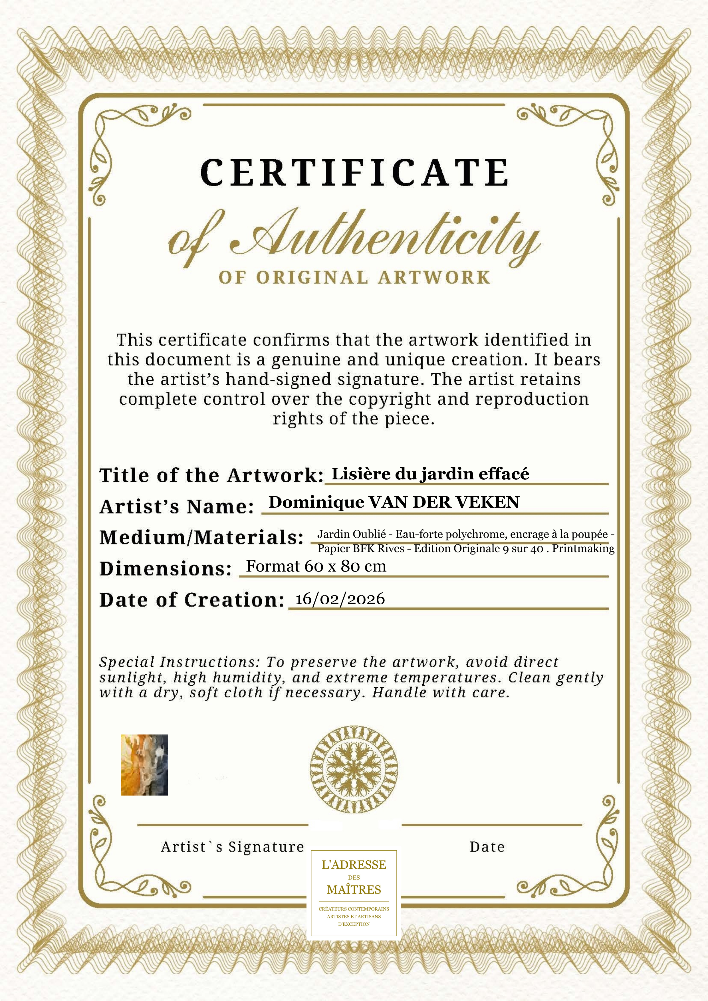 Certificat d'authenticité — Lisière du jardin effacé — Dominique VAN DER VEKEN