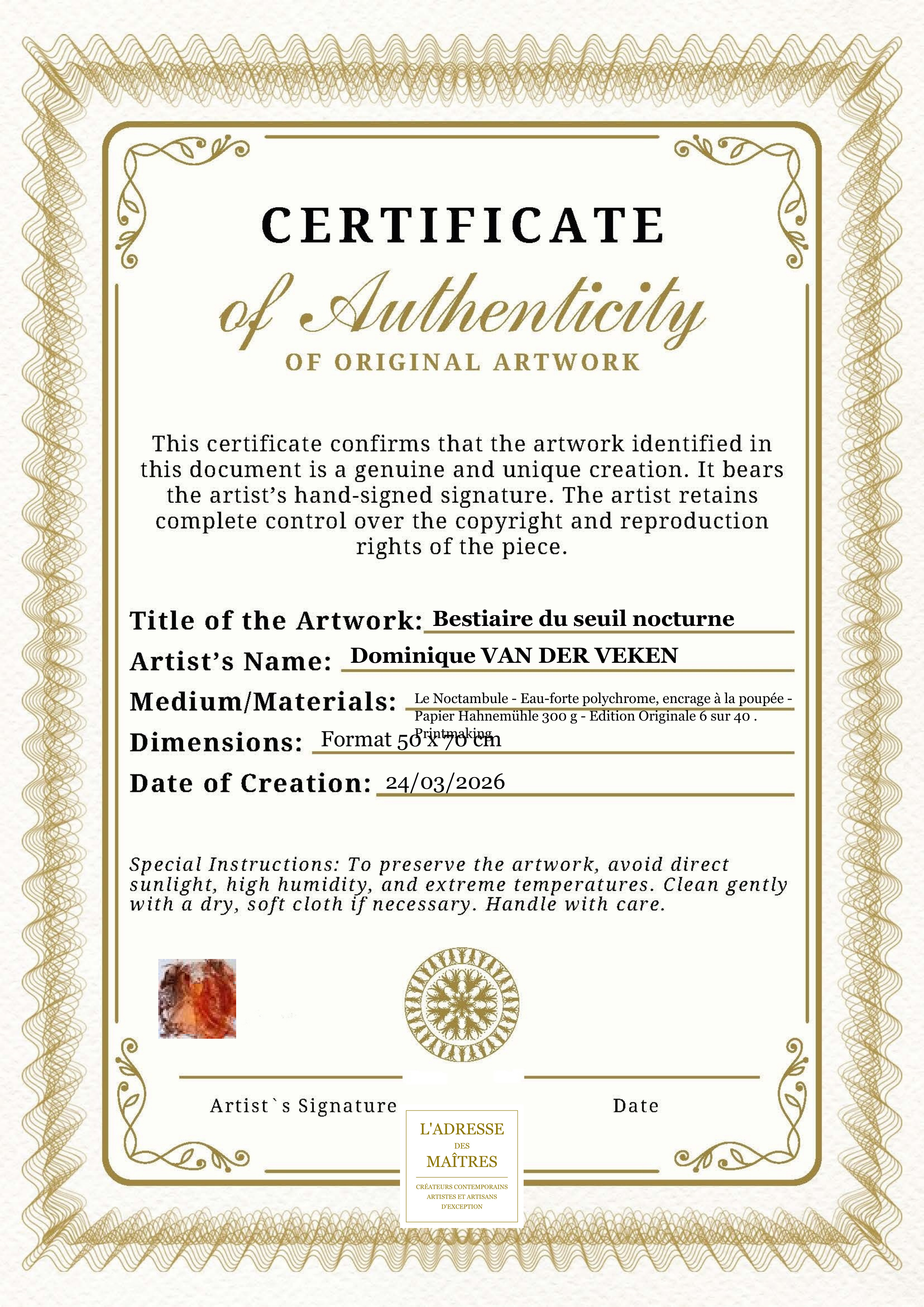 Certificat d'authenticité — Bestiaire du seuil nocturne — Dominique VAN DER VEKEN
