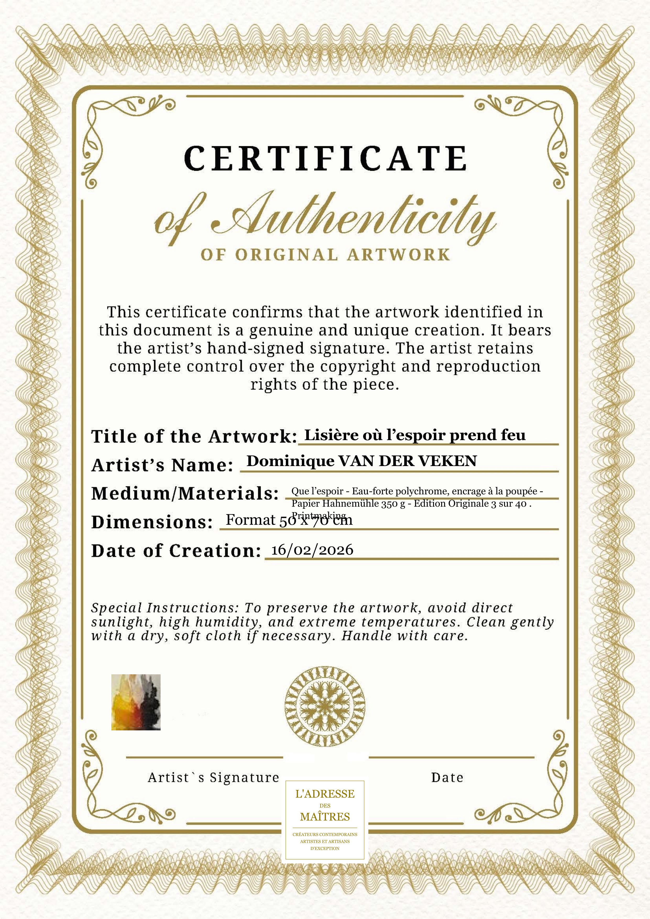 Certificat d'authenticité — Lisière où l’espoir prend feu — Dominique VAN DER VEKEN