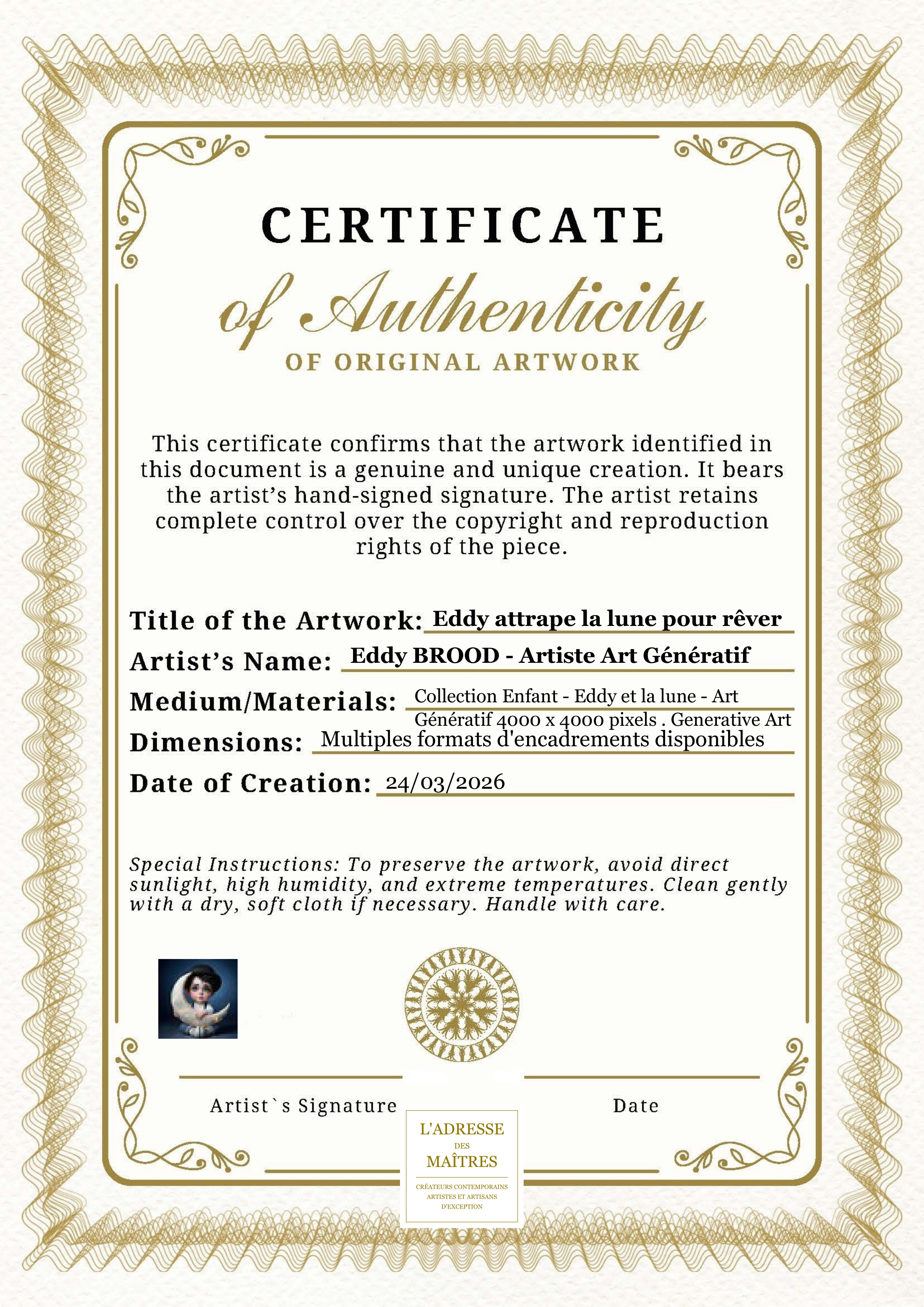 Certificado de autenticidad — Eddy atrapa la luna para soñar — Eddy BROOD - Artista de arte generativo