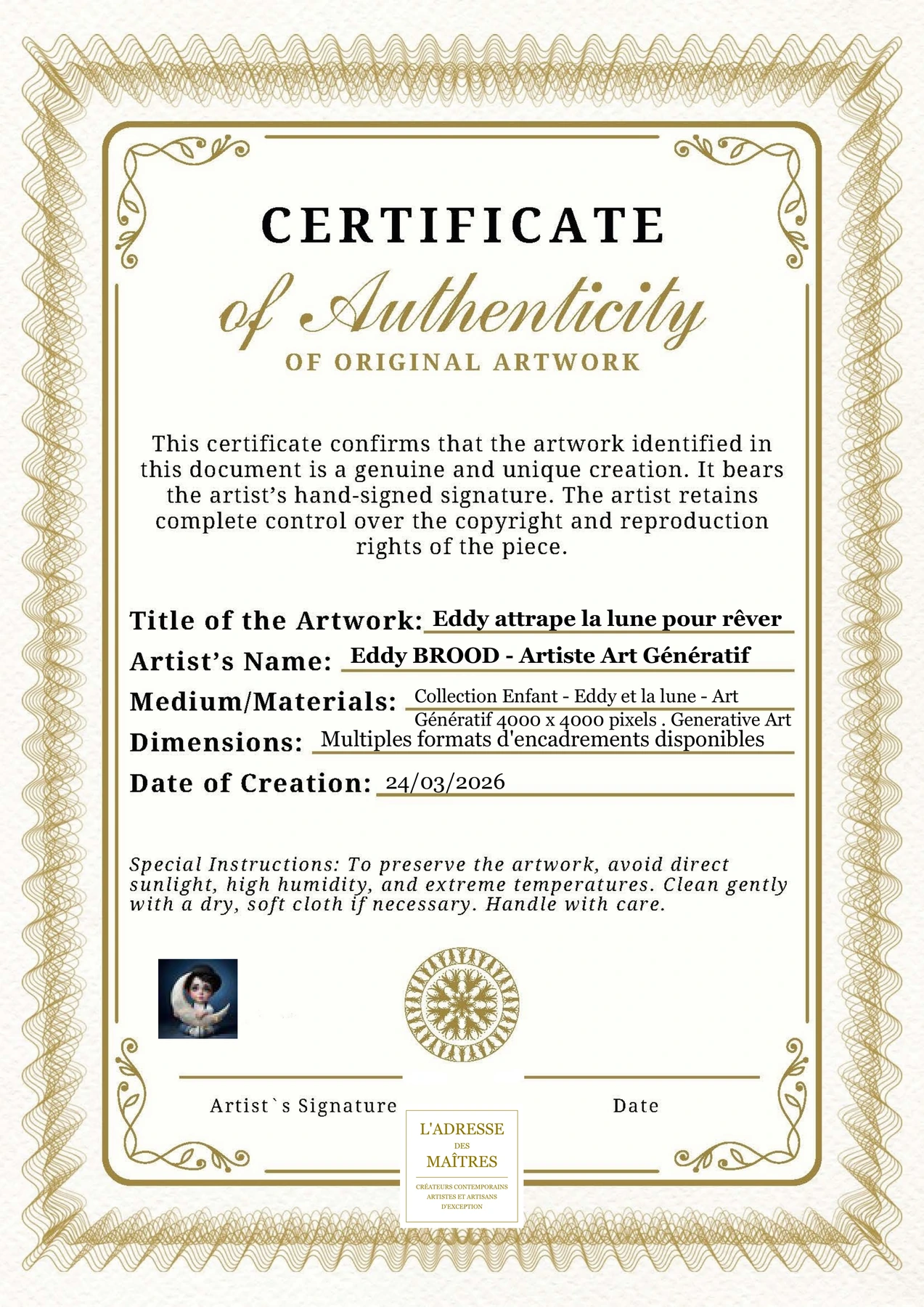 Certificat d'authenticité - Eddy attrape la lune pour rêver - Eddy BROOD - Artiste Art Génératif