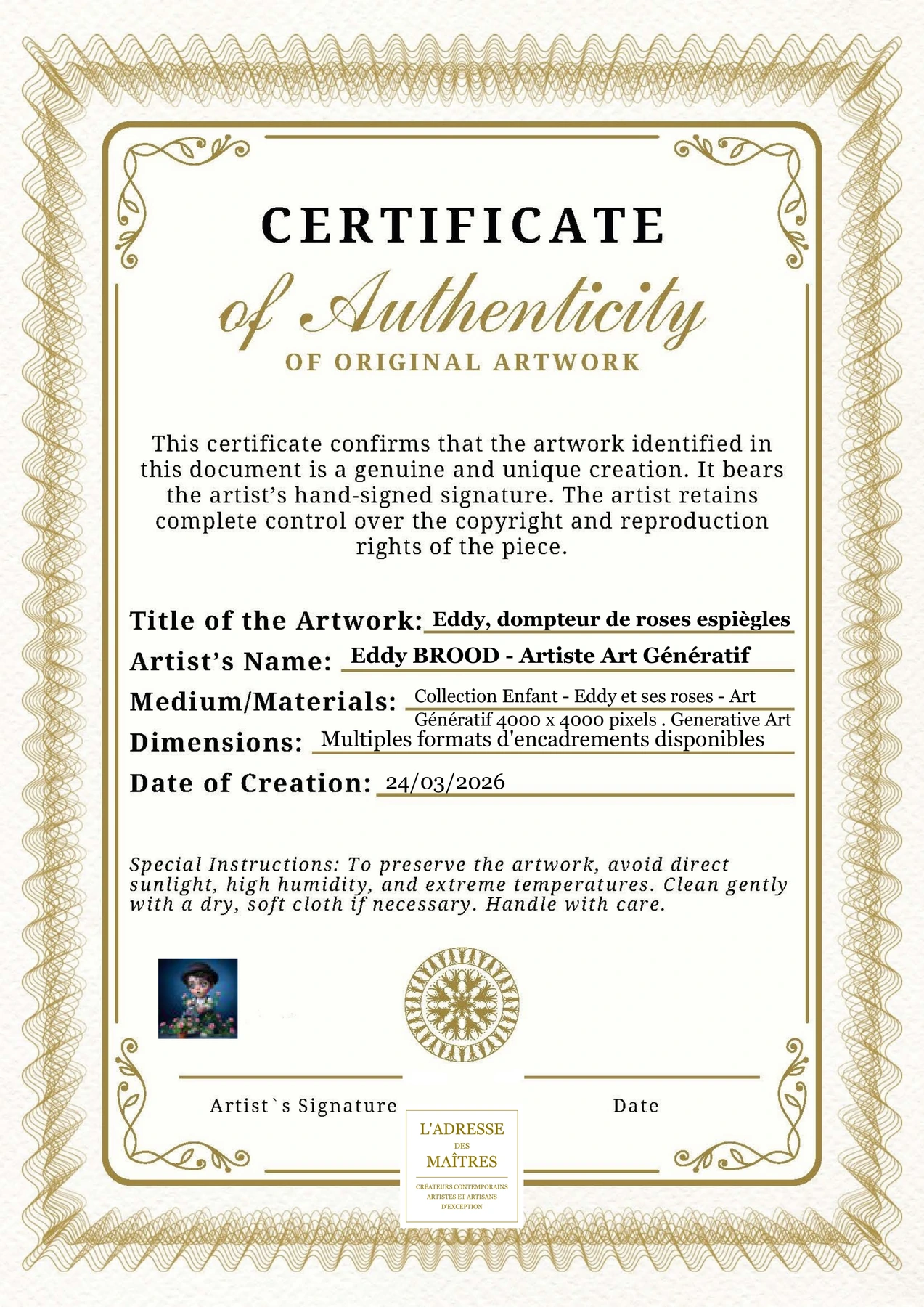 Certificat d'authenticité - Eddy, dompteur de roses espiègles - Eddy BROOD - Artiste Art Génératif