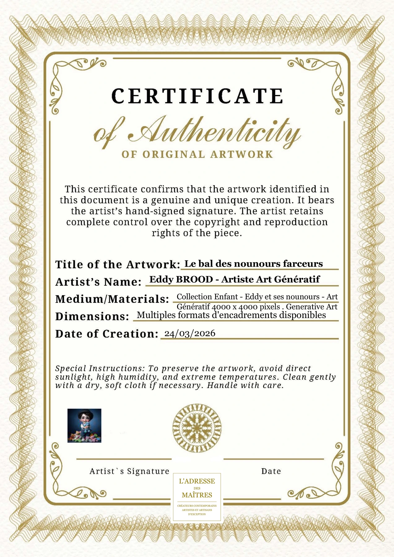 Certificat d'authenticité - Le bal des nounours farceurs - Eddy BROOD - Artiste Art Génératif
