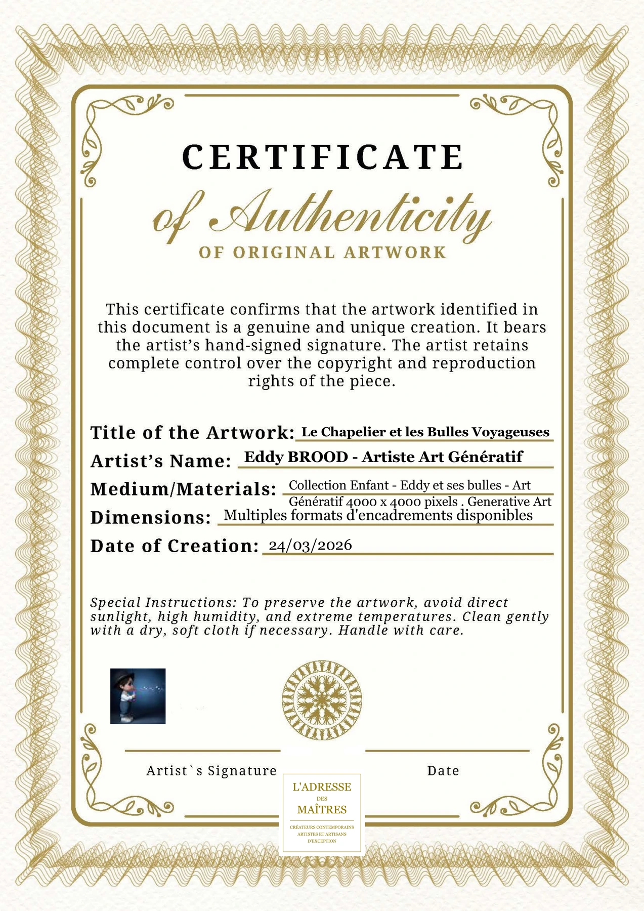 Certificat d'authenticité - Le Chapelier et les Bulles Voyageuses - Eddy BROOD - Artiste Art Génératif