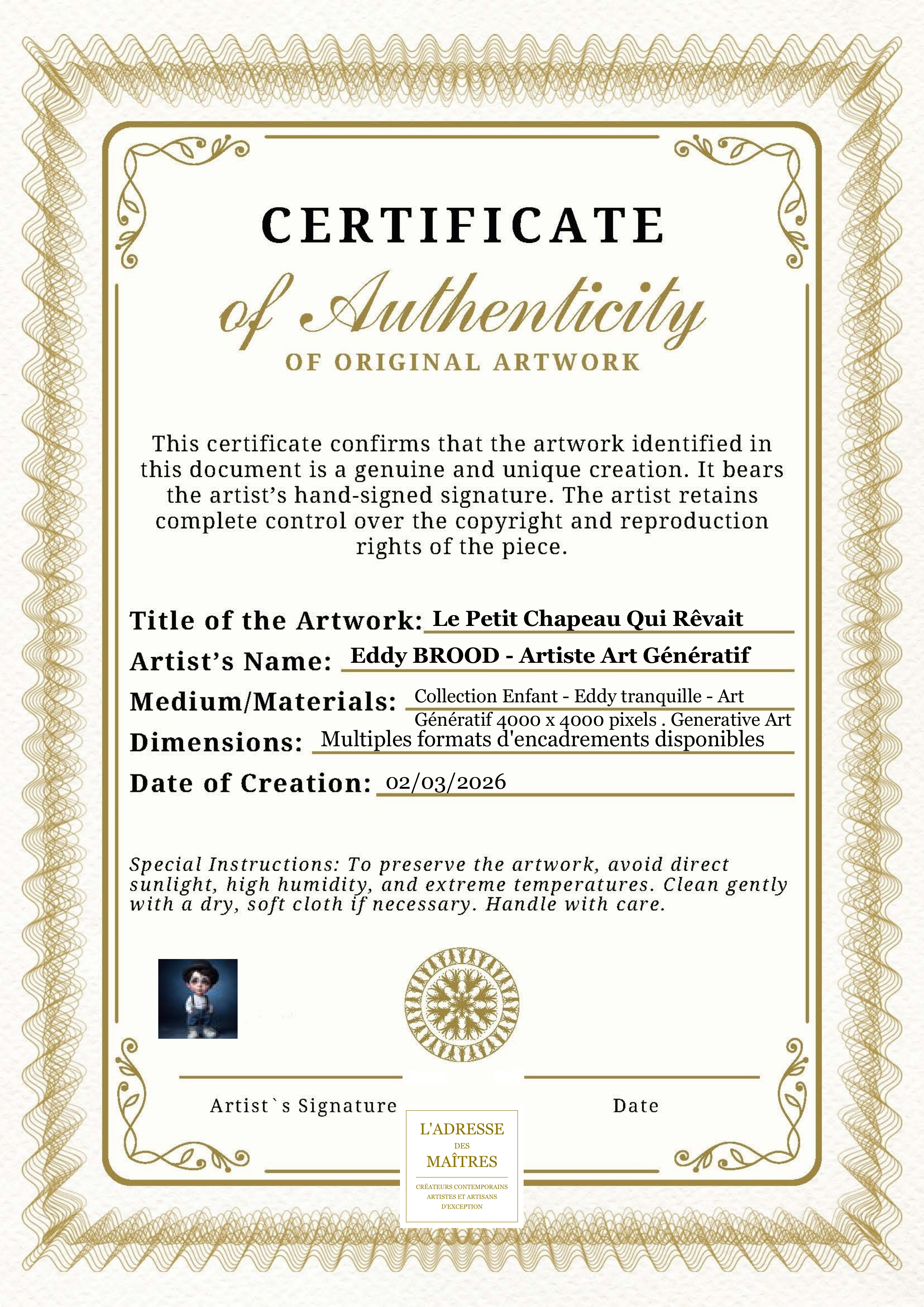 Certificat d'authenticité — Le Petit Chapeau Qui Rêvait — Eddy BROOD - Artiste Art Génératif