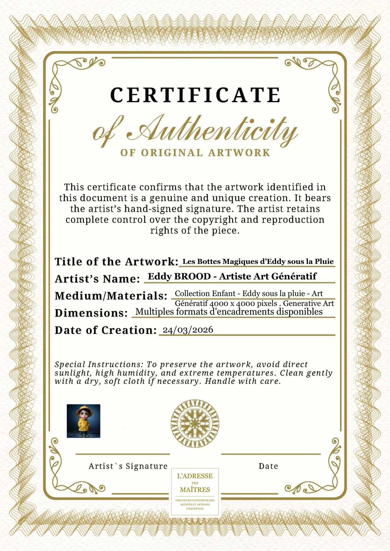 Certificat d'authenticité - Les Bottes Magiques d’Eddy sous la Pluie - Eddy BROOD - Artiste Art Génératif