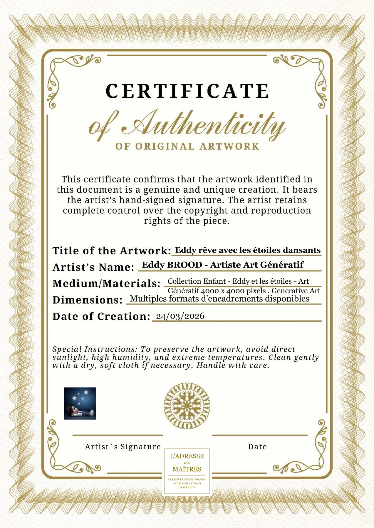 Certificat d'authenticité - Eddy rêve avec les étoiles dansants - Eddy BROOD - Artiste Art Génératif