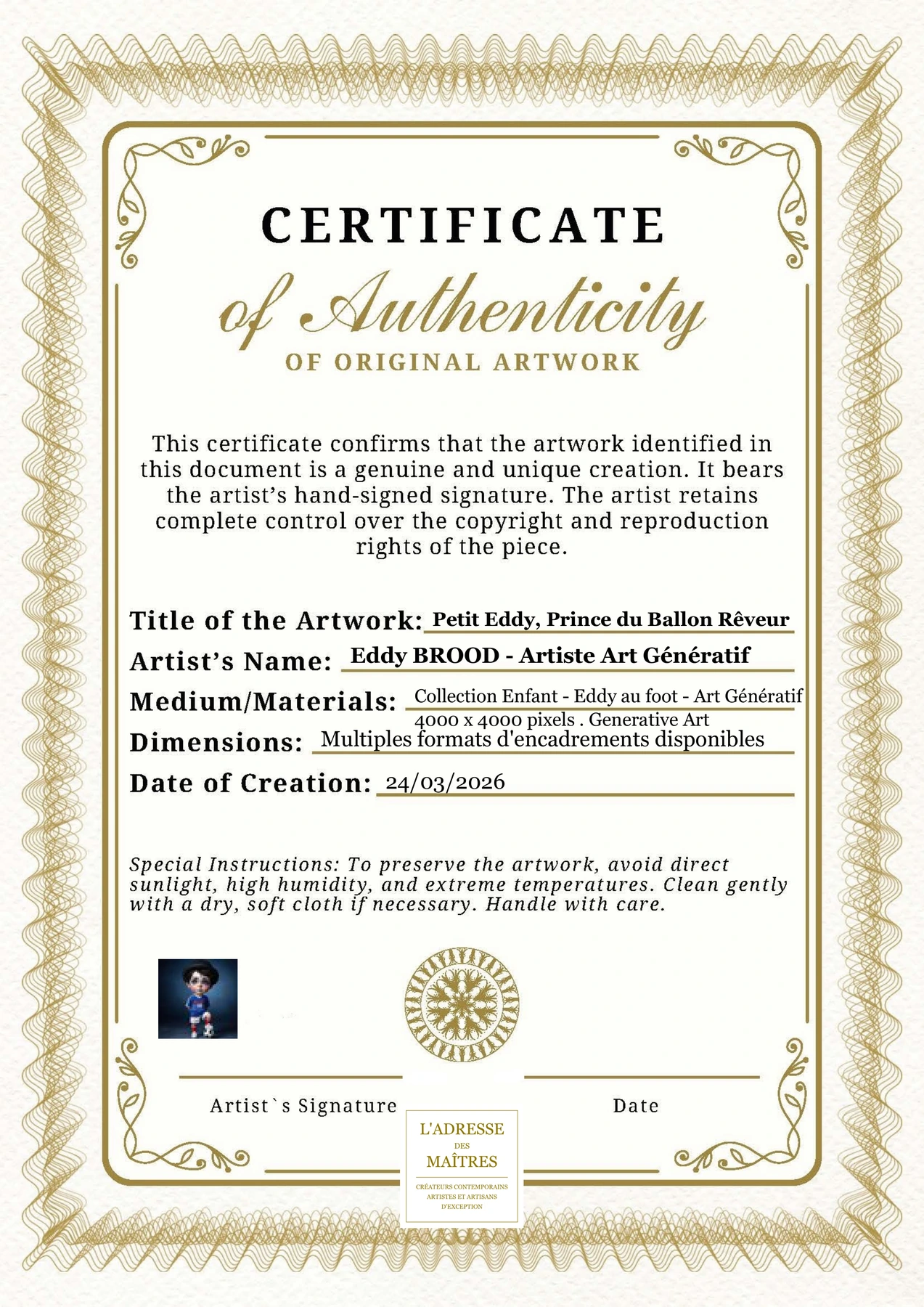 Certificat d'authenticité - Petit Eddy, Prince du Ballon Rêveur - Eddy BROOD - Artiste Art Génératif