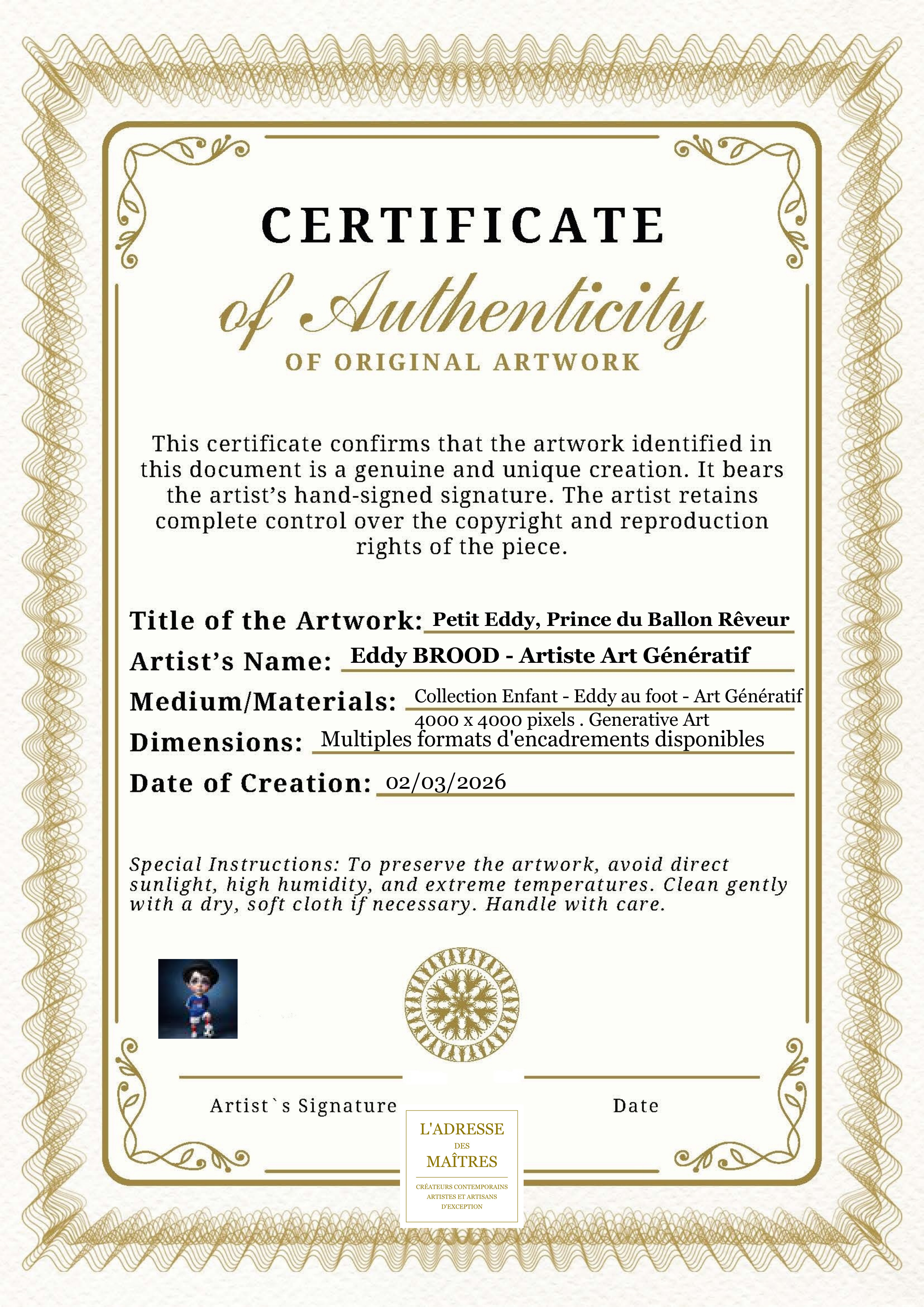 Certificat d'authenticité — Petit Eddy, Prince du Ballon Rêveur — Eddy BROOD - Artiste Art Génératif