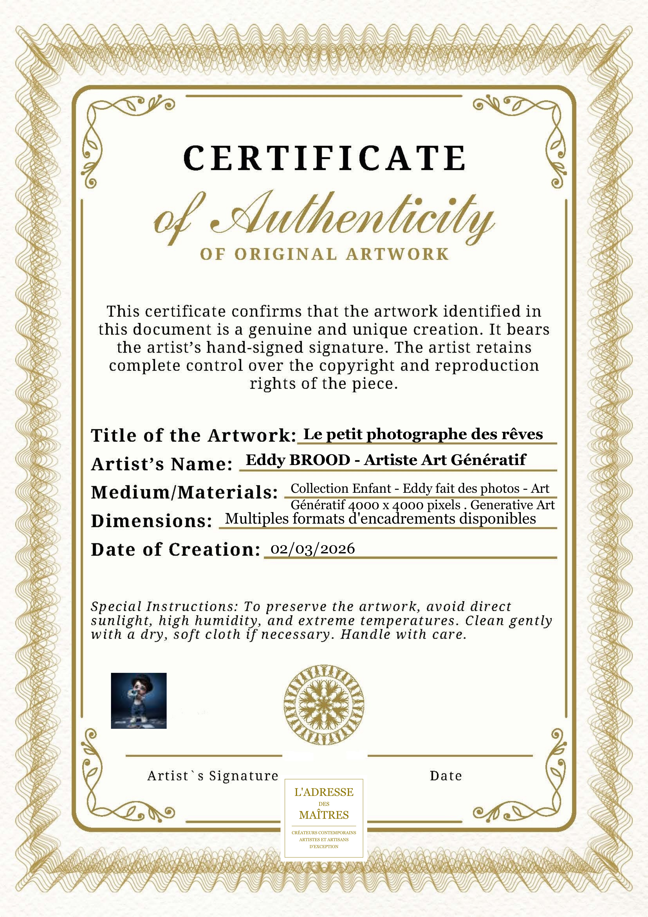Certificat d'authenticité — Le petit photographe des rêves — Eddy BROOD - Artiste Art Génératif