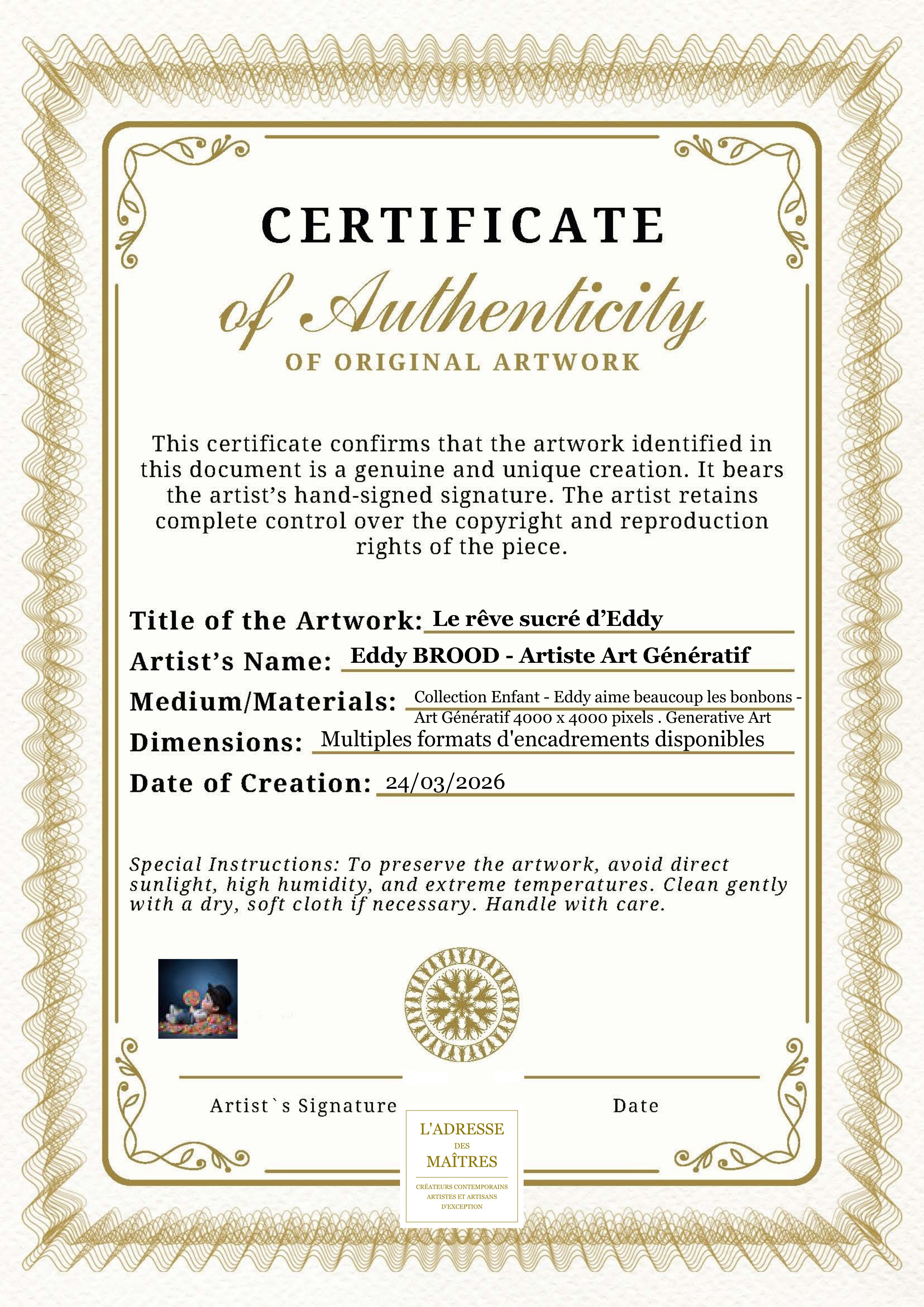 Certificat d'authenticité — Le rêve sucré d’Eddy — Eddy BROOD - Artiste Art Génératif