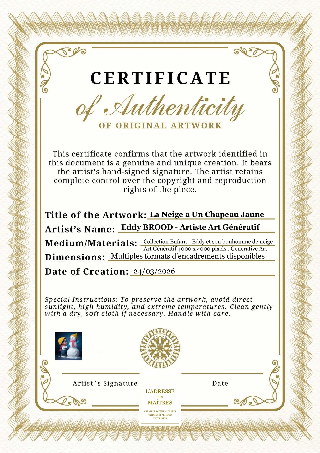 Certificat d'authenticité - La Neige a Un Chapeau Jaune - Eddy BROOD - Artiste Art Génératif