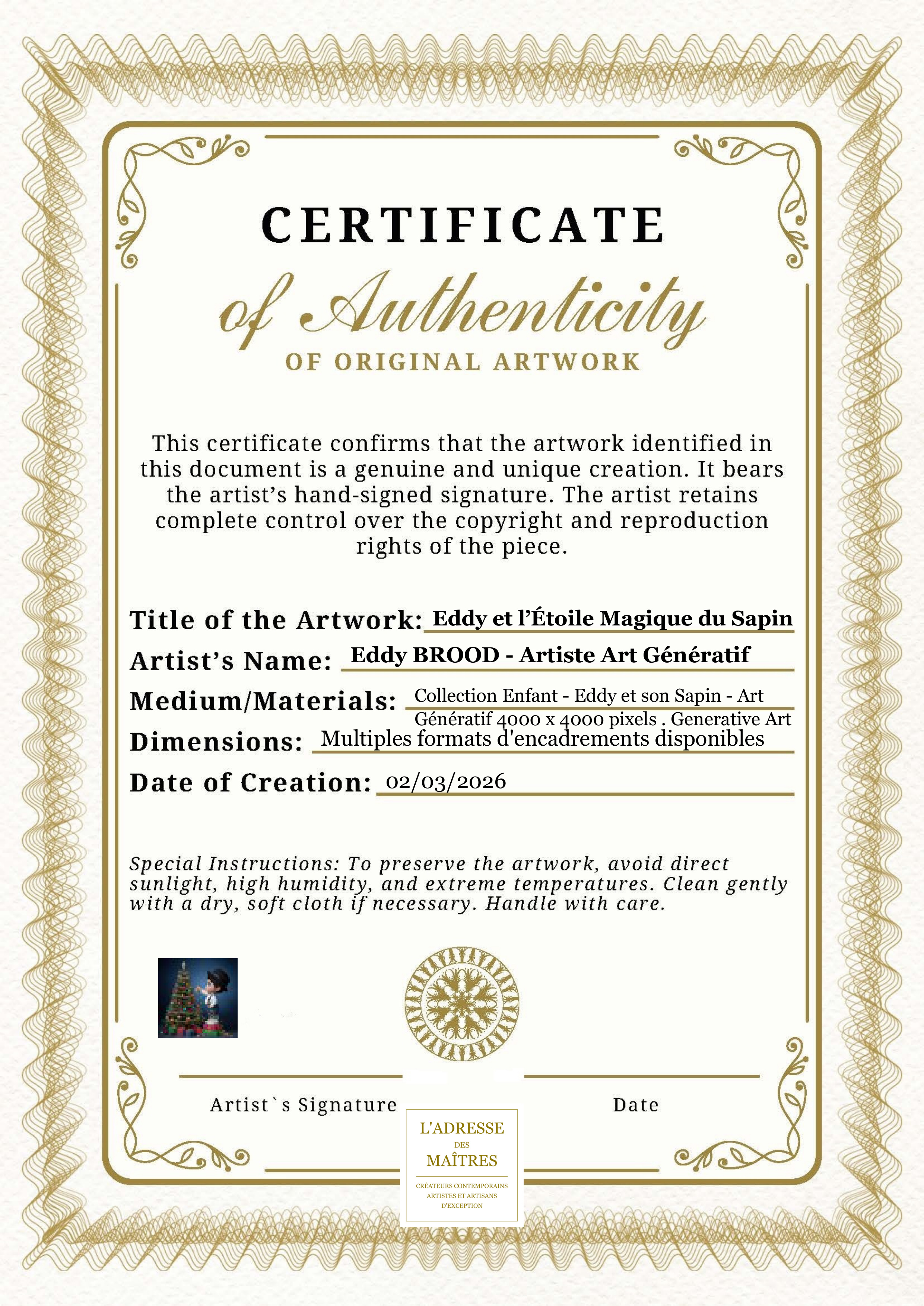 Certificat d'authenticité — Eddy et l’Étoile Magique du Sapin — Eddy BROOD - Artiste Art Génératif