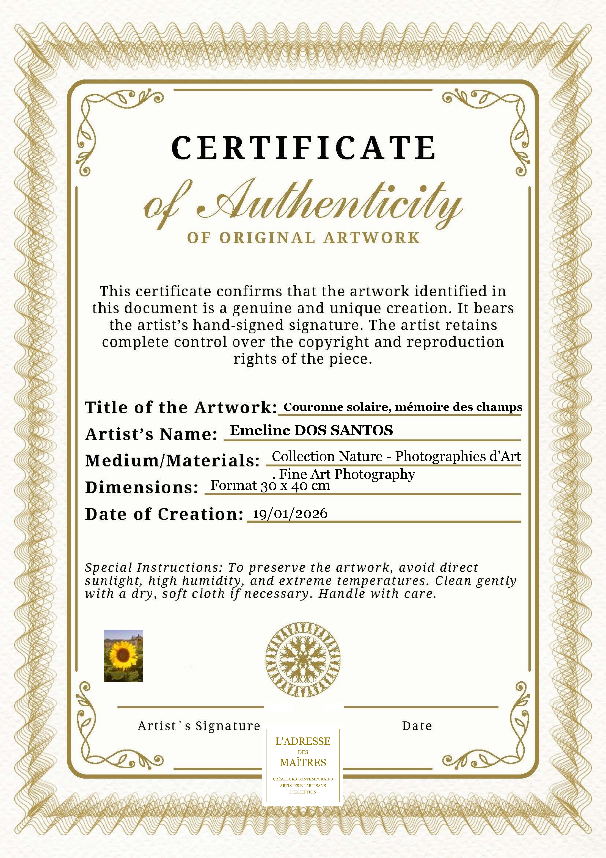 Certificat d'authenticité — Couronne solaire, mémoire des champs — Emeline DOS SANTOS