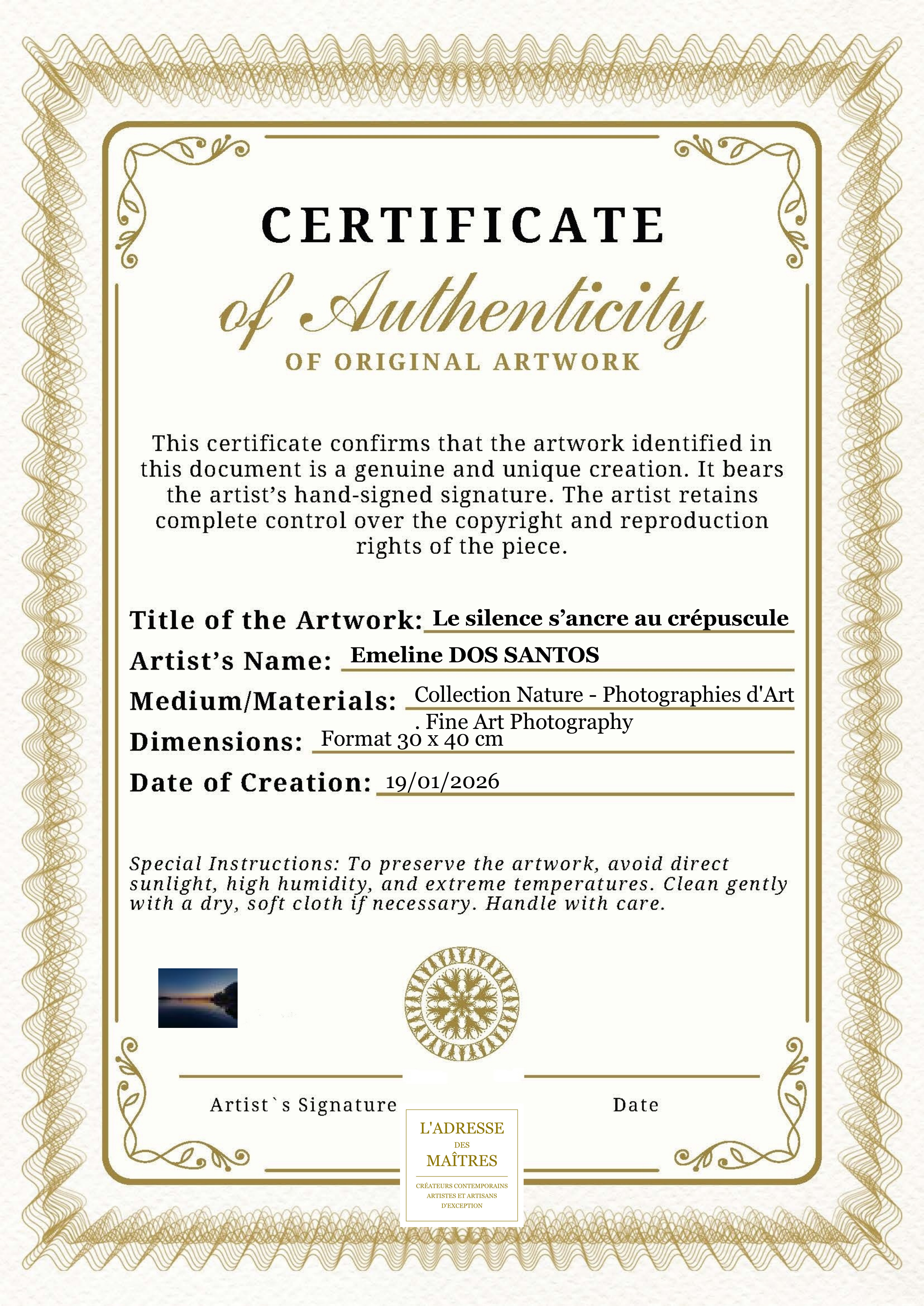 Certificat d'authenticité — Le silence s’ancre au crépuscule — Emeline DOS SANTOS