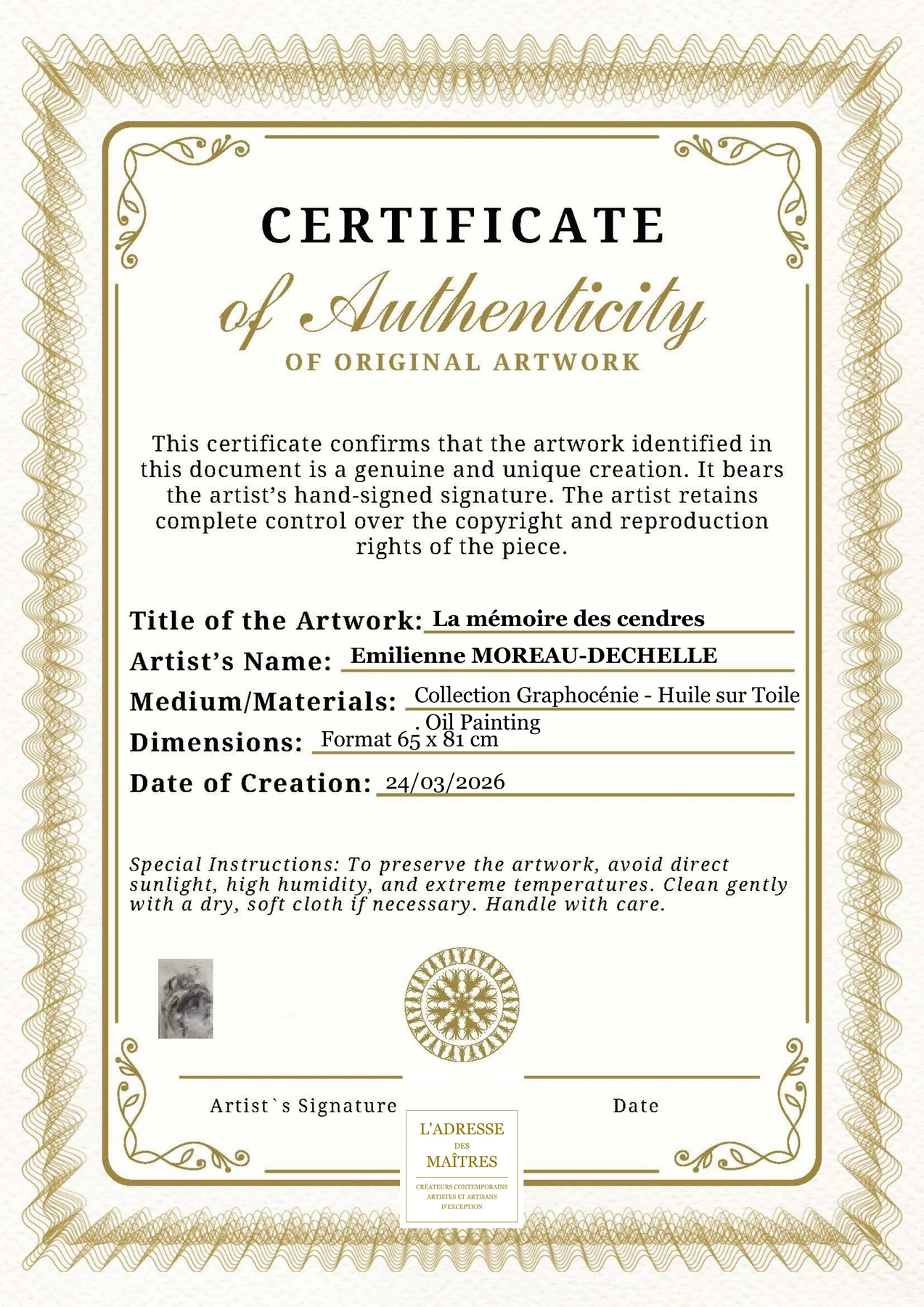 Certificat d'authenticité - La mémoire des cendres - Emilienne MOREAU-DECHELLE