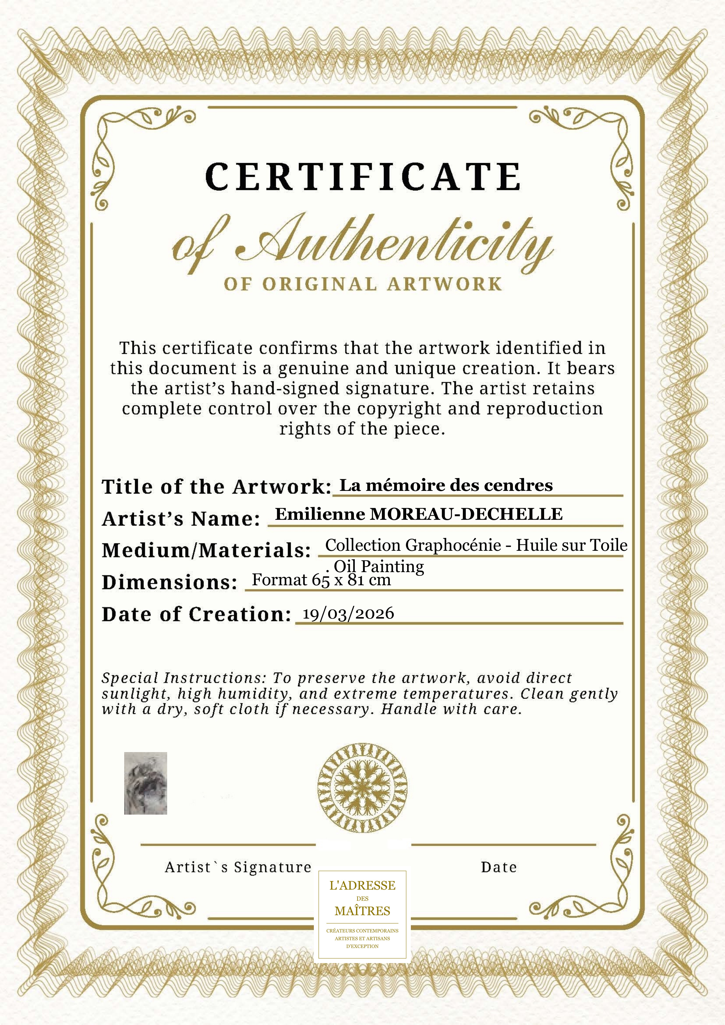 Certificat d'authenticité — La mémoire des cendres — Emilienne MOREAU-DECHELLE