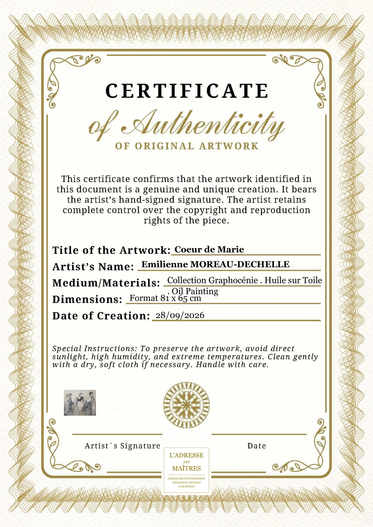 Certificat d'authenticité - Coeur de Marie - Emilienne MOREAU-DECHELLE