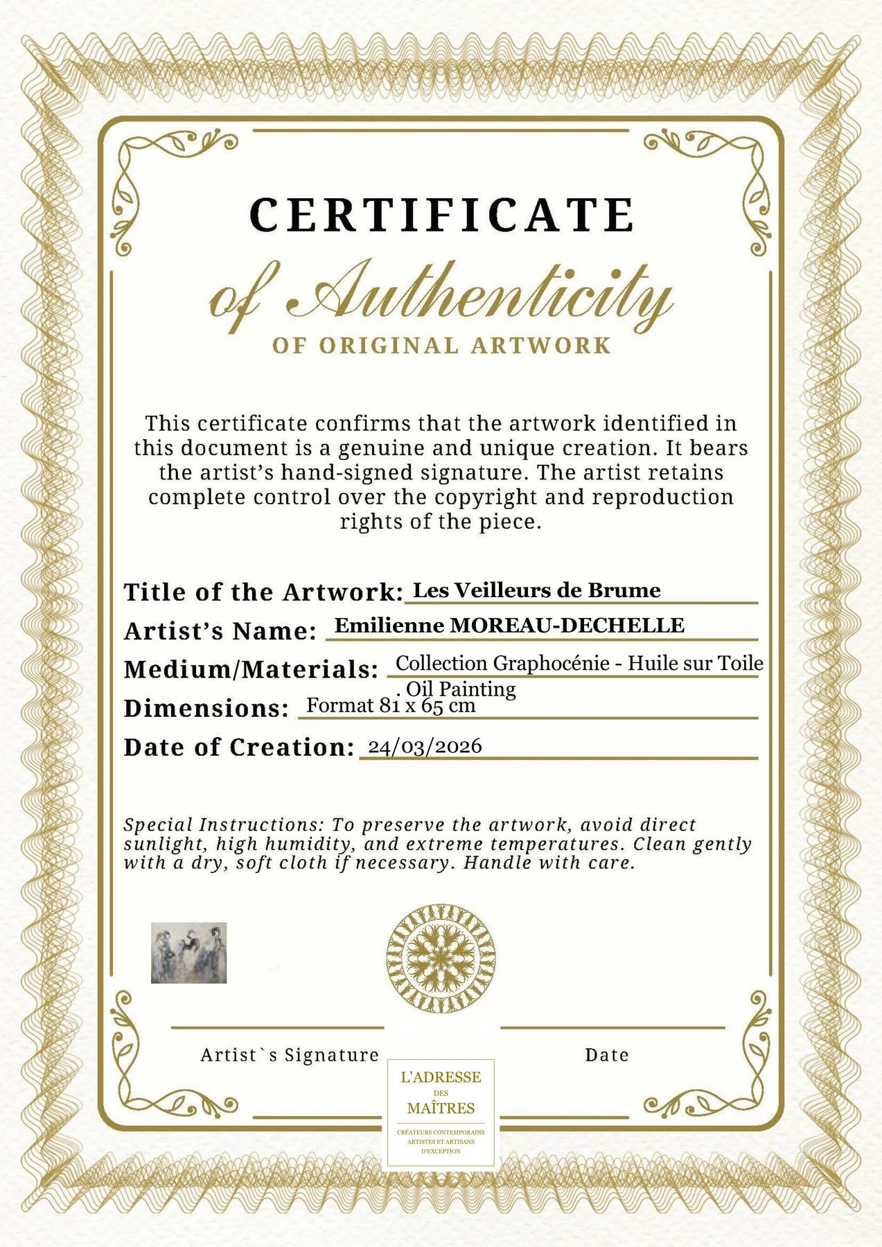 Certificat d'authenticité - Les Veilleurs de Brume - Emilienne MOREAU-DECHELLE