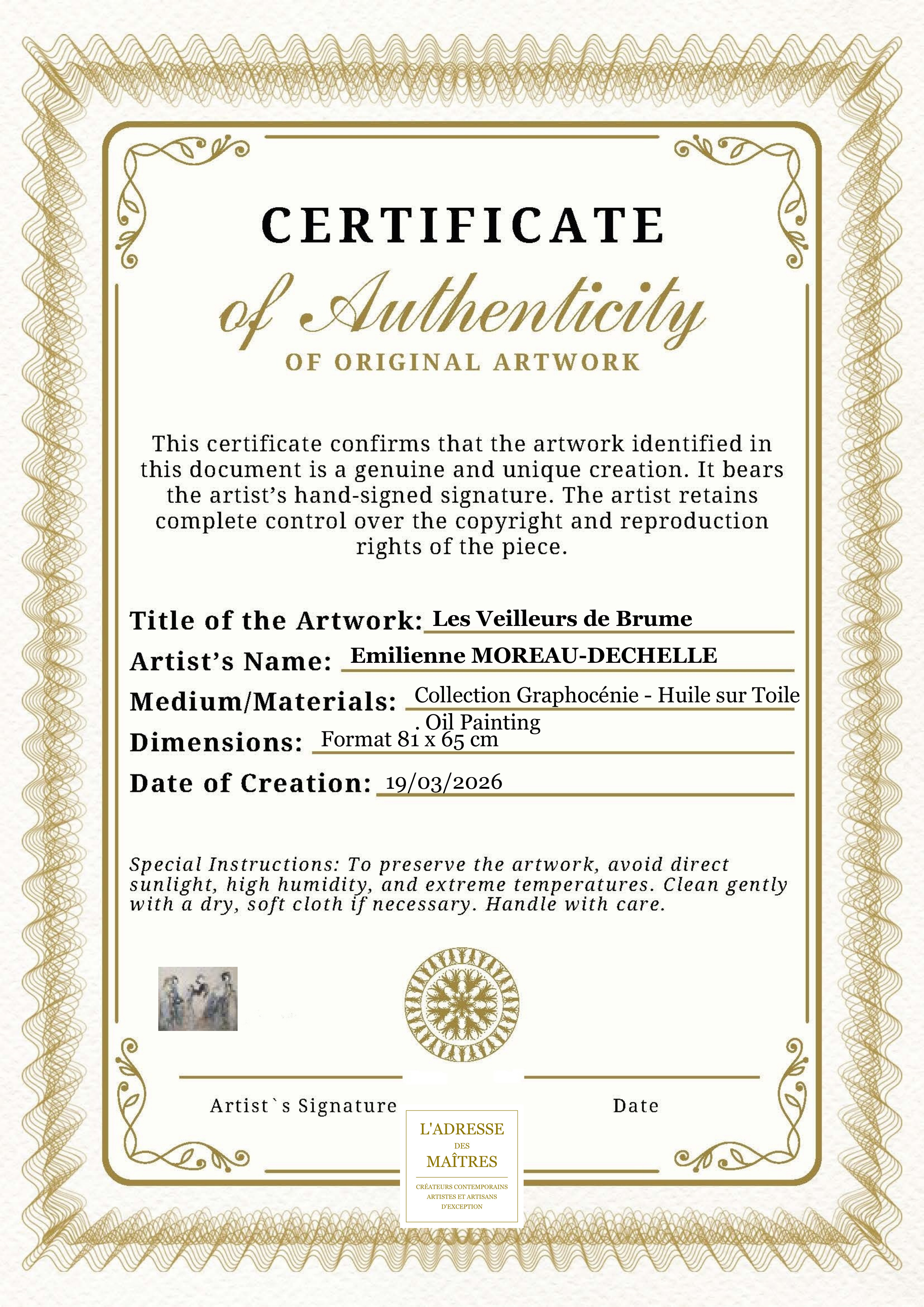 Certificat d'authenticité — Les Veilleurs de Brume — Emilienne MOREAU-DECHELLE