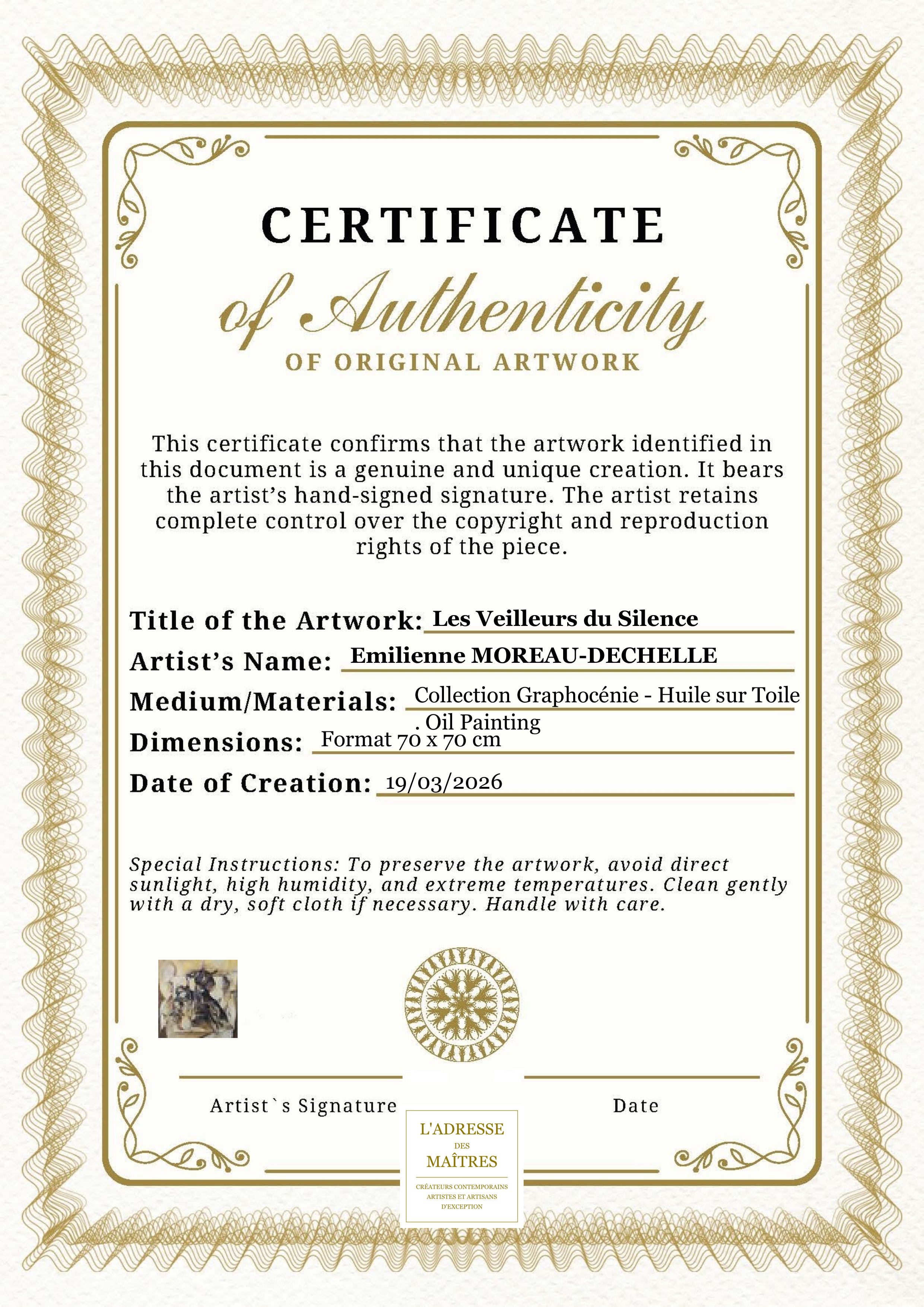 Certificat d'authenticité — Les Veilleurs du Silence — Emilienne MOREAU-DECHELLE
