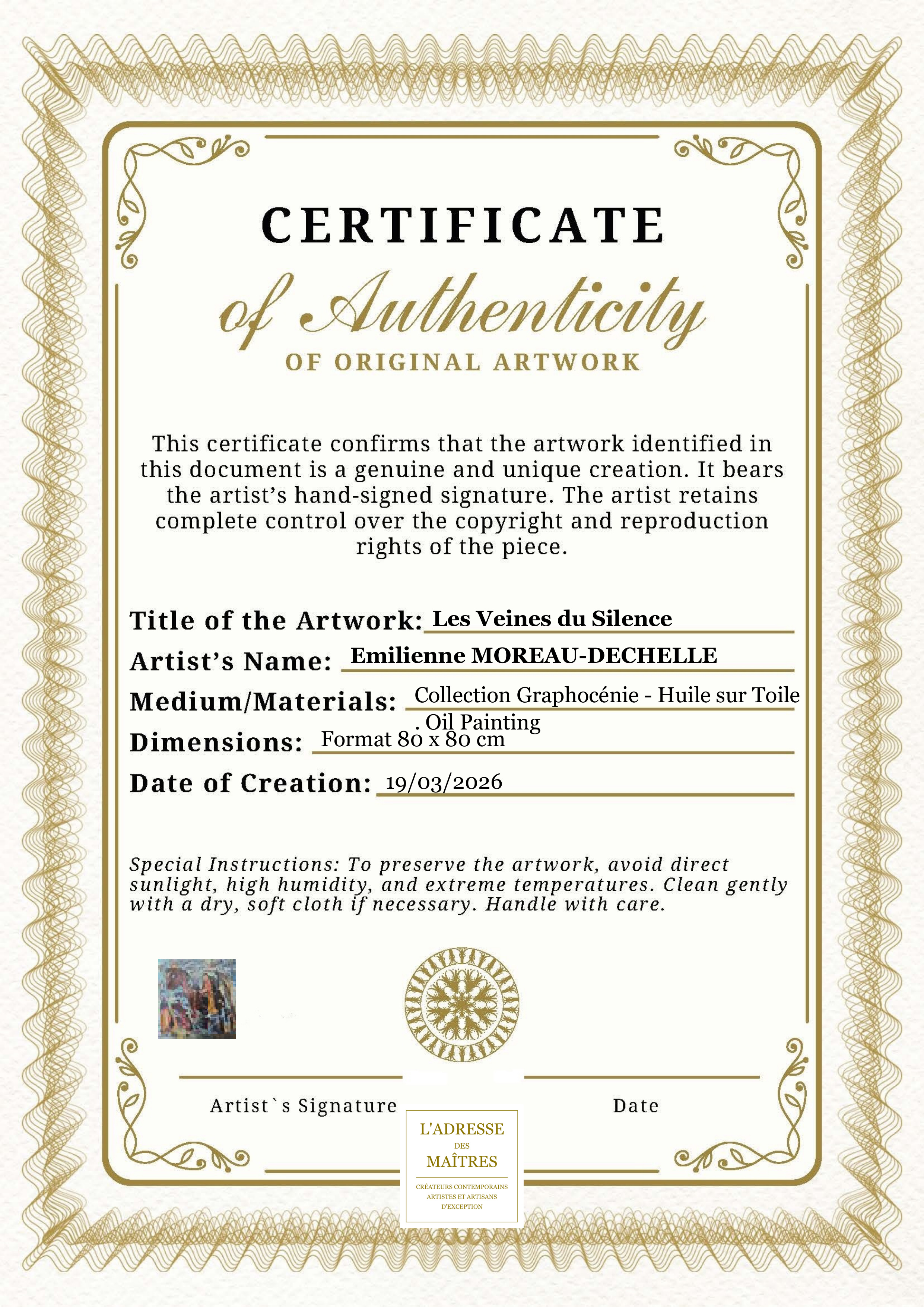 Certificat d'authenticité — Les Veines du Silence — Emilienne MOREAU-DECHELLE